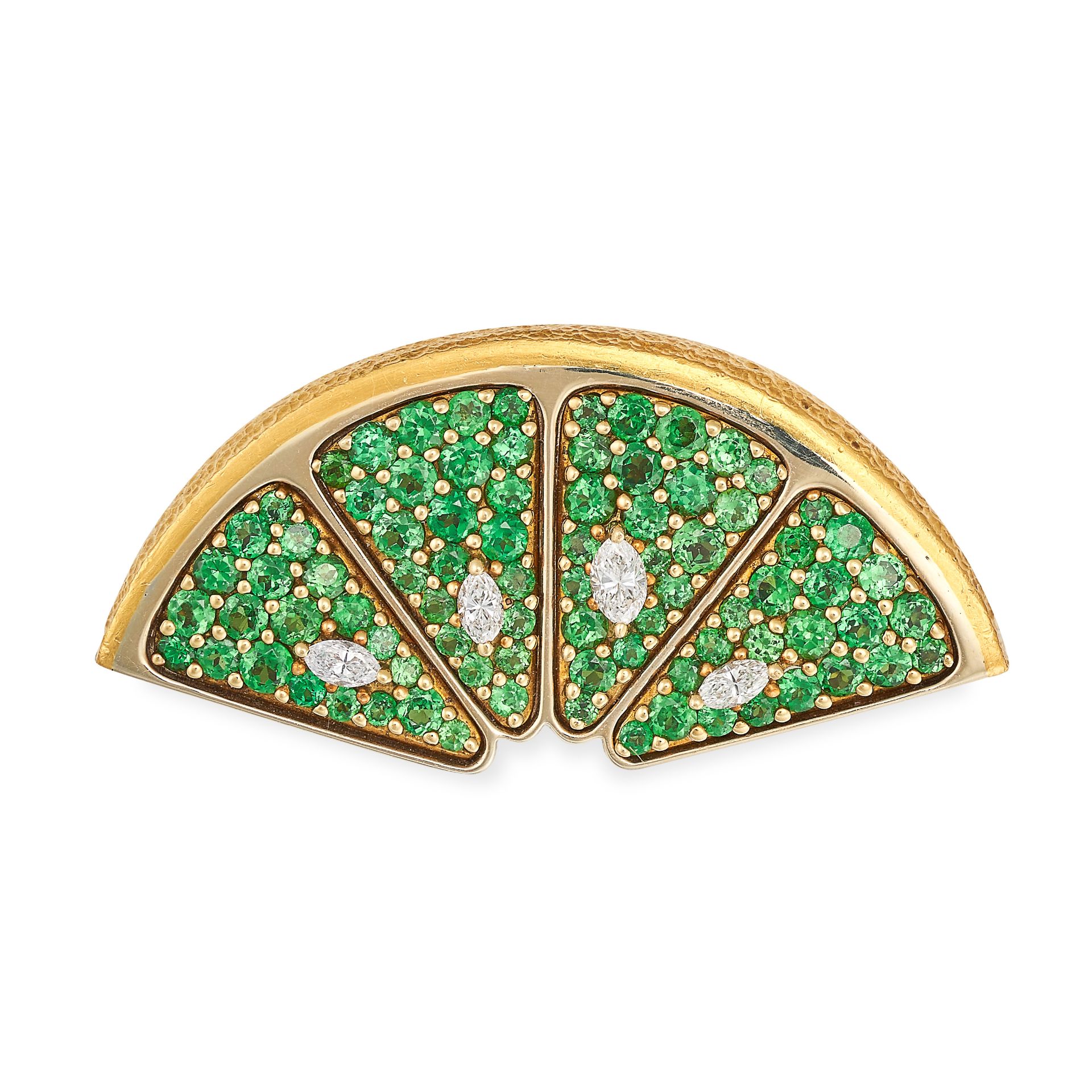 A VINTAGE TSAVORITE GARNET AND DIAMOND LIME BROOCH in 18ct yellow gold, designed as a wedge of lime,
