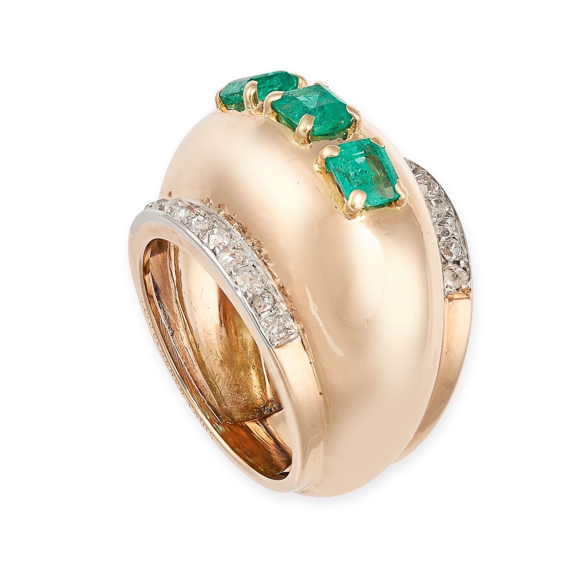 BOUCHERON, A RETRO EMERALD AND DIAMOND BOMBE RING in 18ct rose gold and platinum, the domed face set - Image 2 of 2