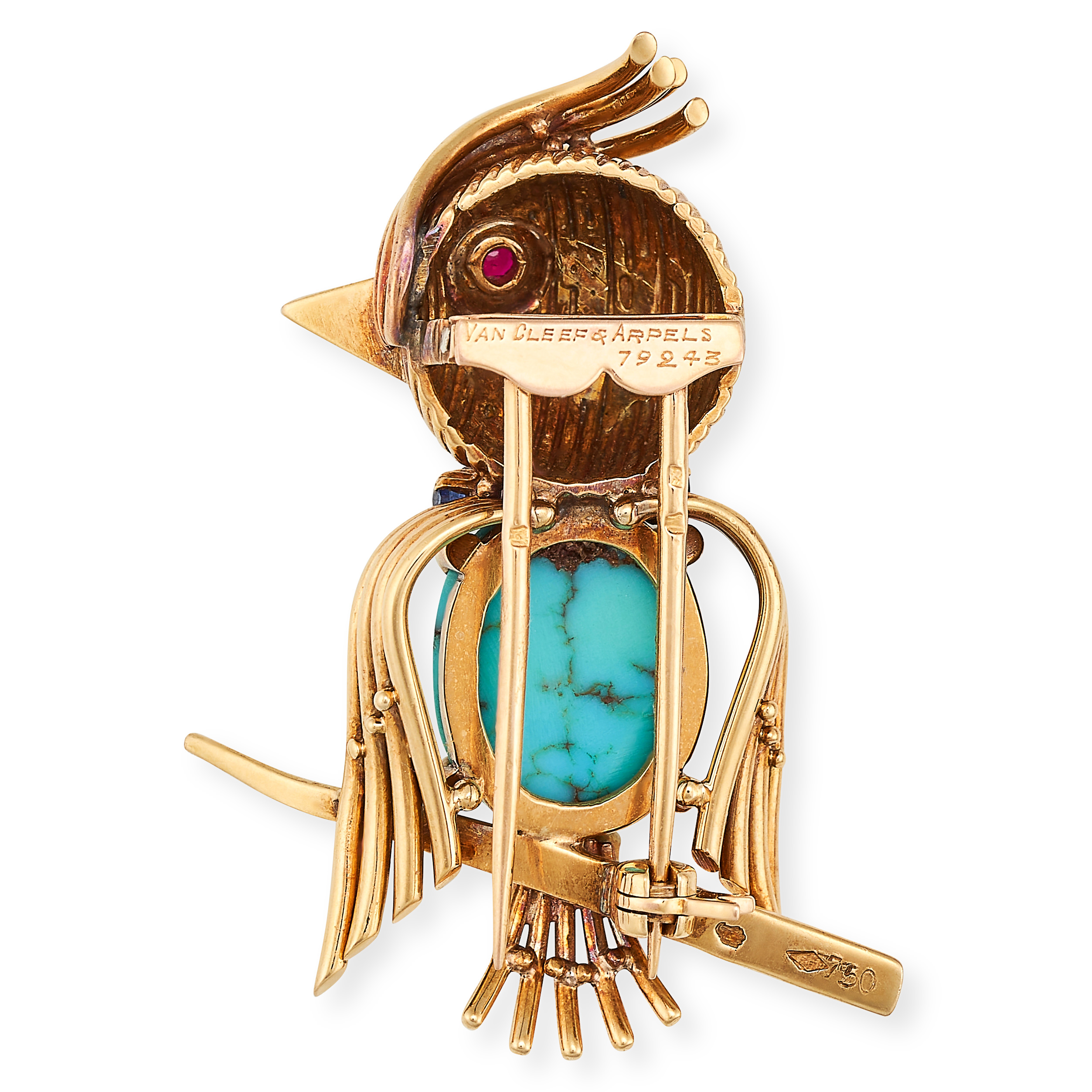 VAN CLEEF & ARPELS, A VINTAGE TURQUOISE, SAPPHIRE AND RUBY BIRD BROOCH in 18ct yellow gold, designed - Image 2 of 2