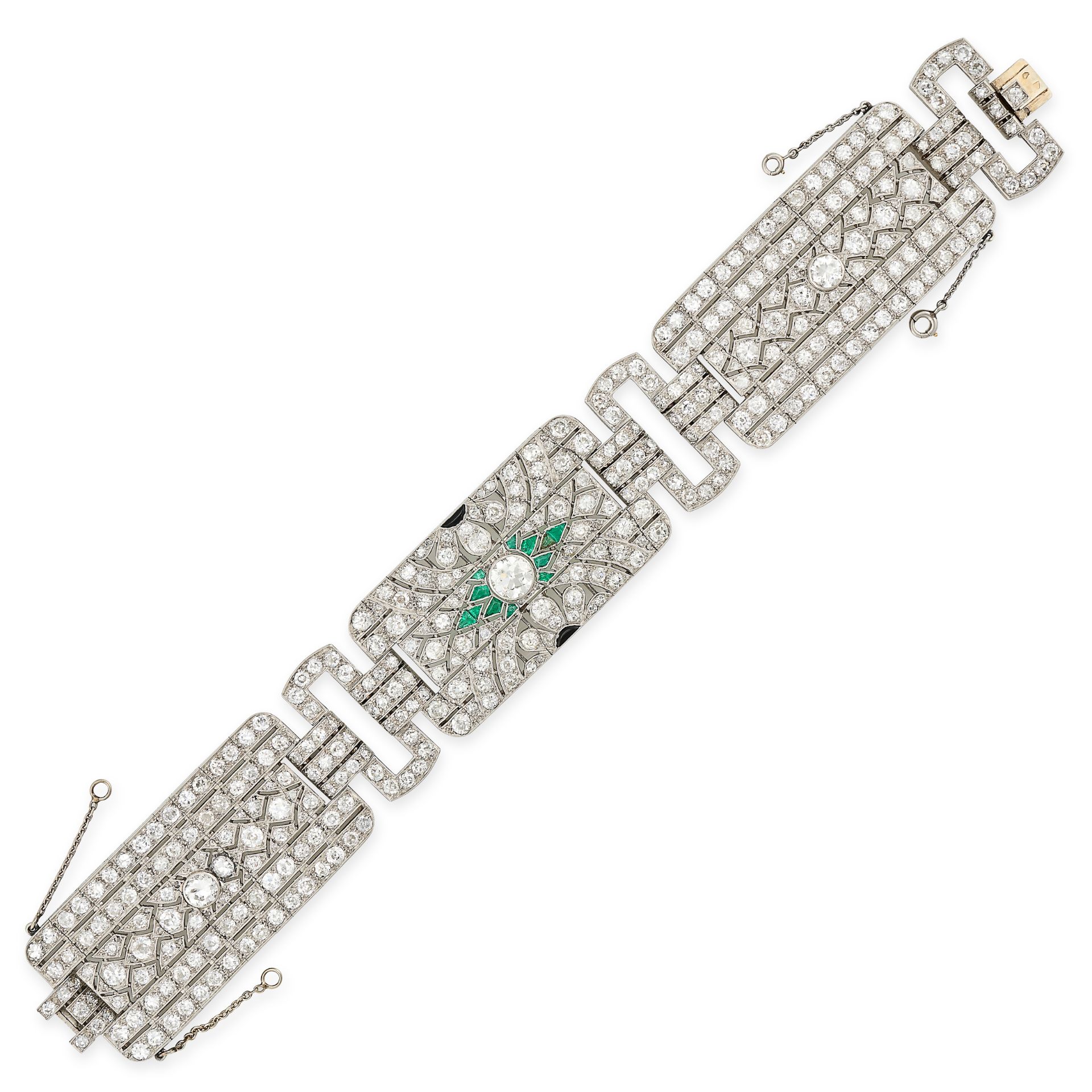 A FINE FRENCH ART DECO DIAMOND, EMERALD AND ONYX BRACELET in platinum and 18ct yellow gold,