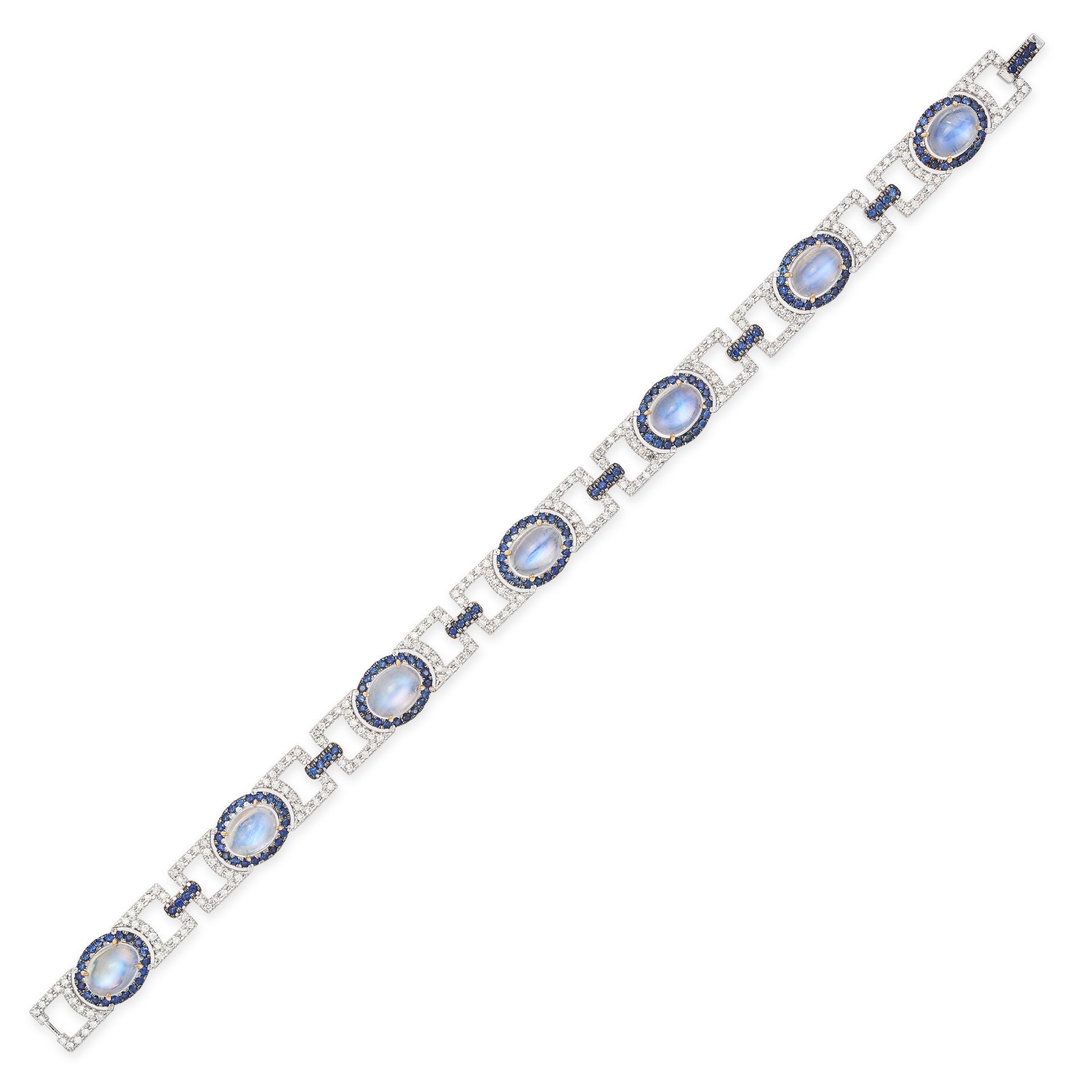 A RAINBOW MOONSTONE, SAPPHIRE AND DIAMOND BRACELET in 18ct white gold, comprising seven plaques