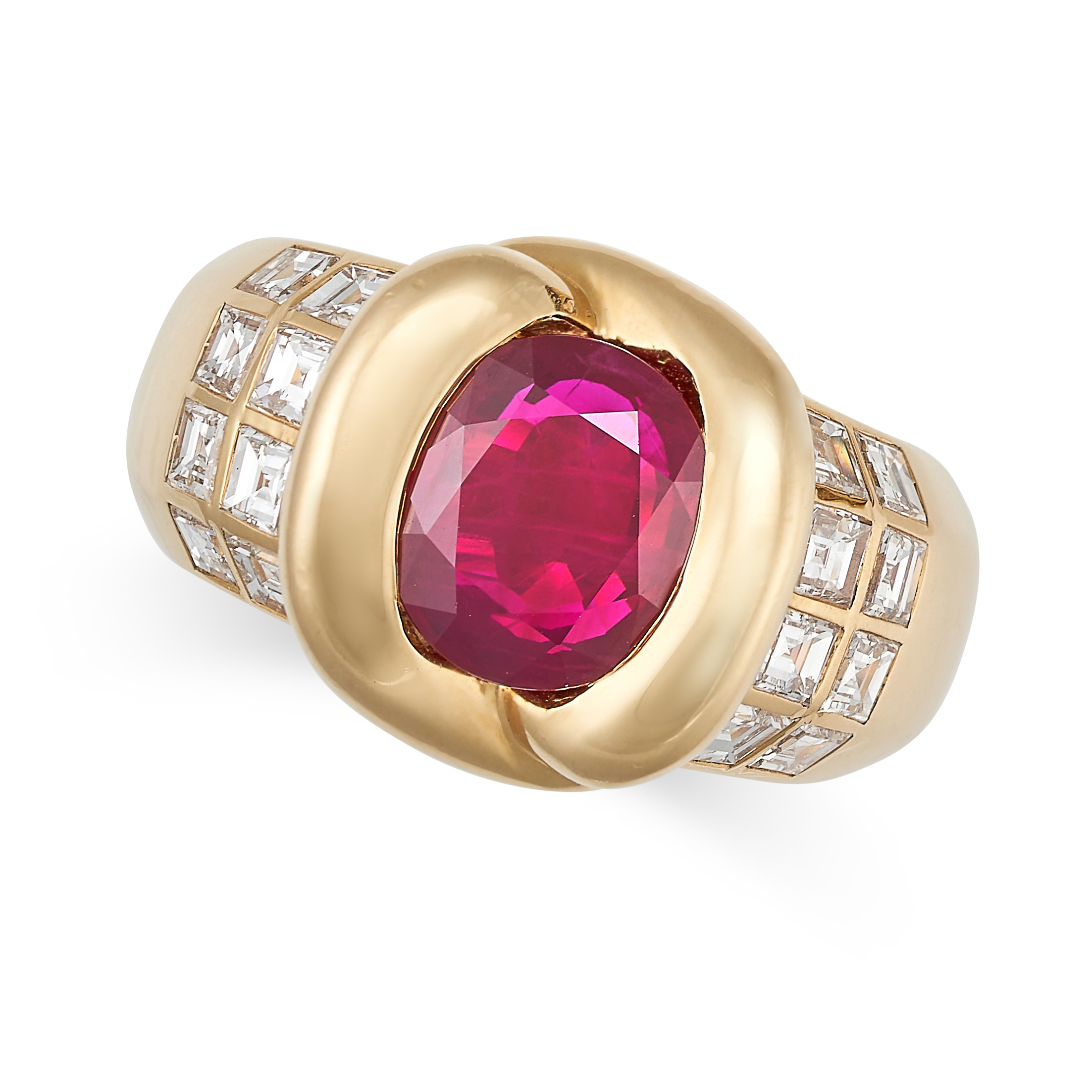 CHAUMET, A RUBY AND DIAMOND RING in 18ct yellow gold, set with an oval cut ruby of approximately 2.