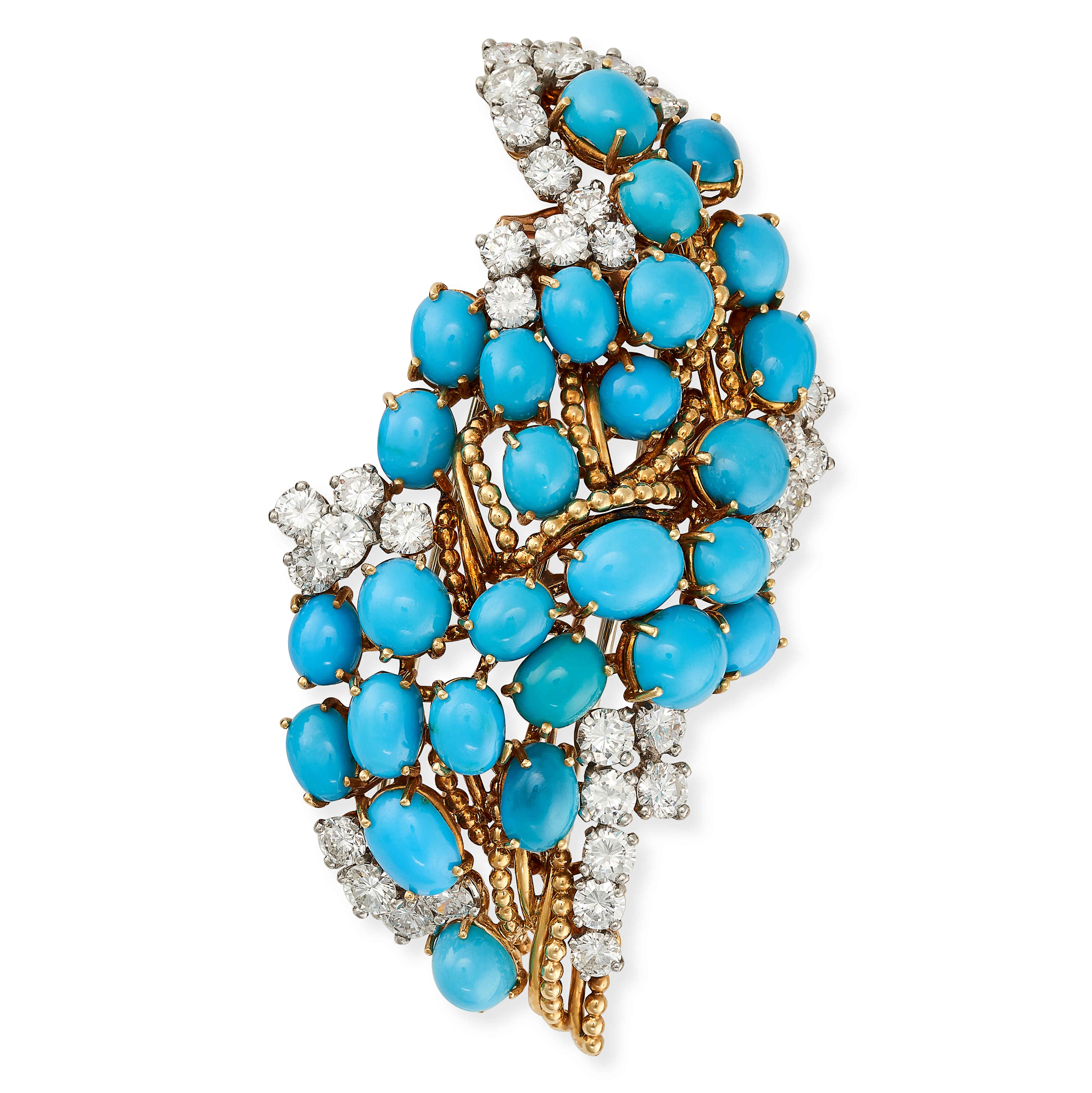 CARTIER, A VINTAGE TURQUOISE AND DIAMOND BROOCH in 18ct yellow gold, the leaf-shaped brooch set with
