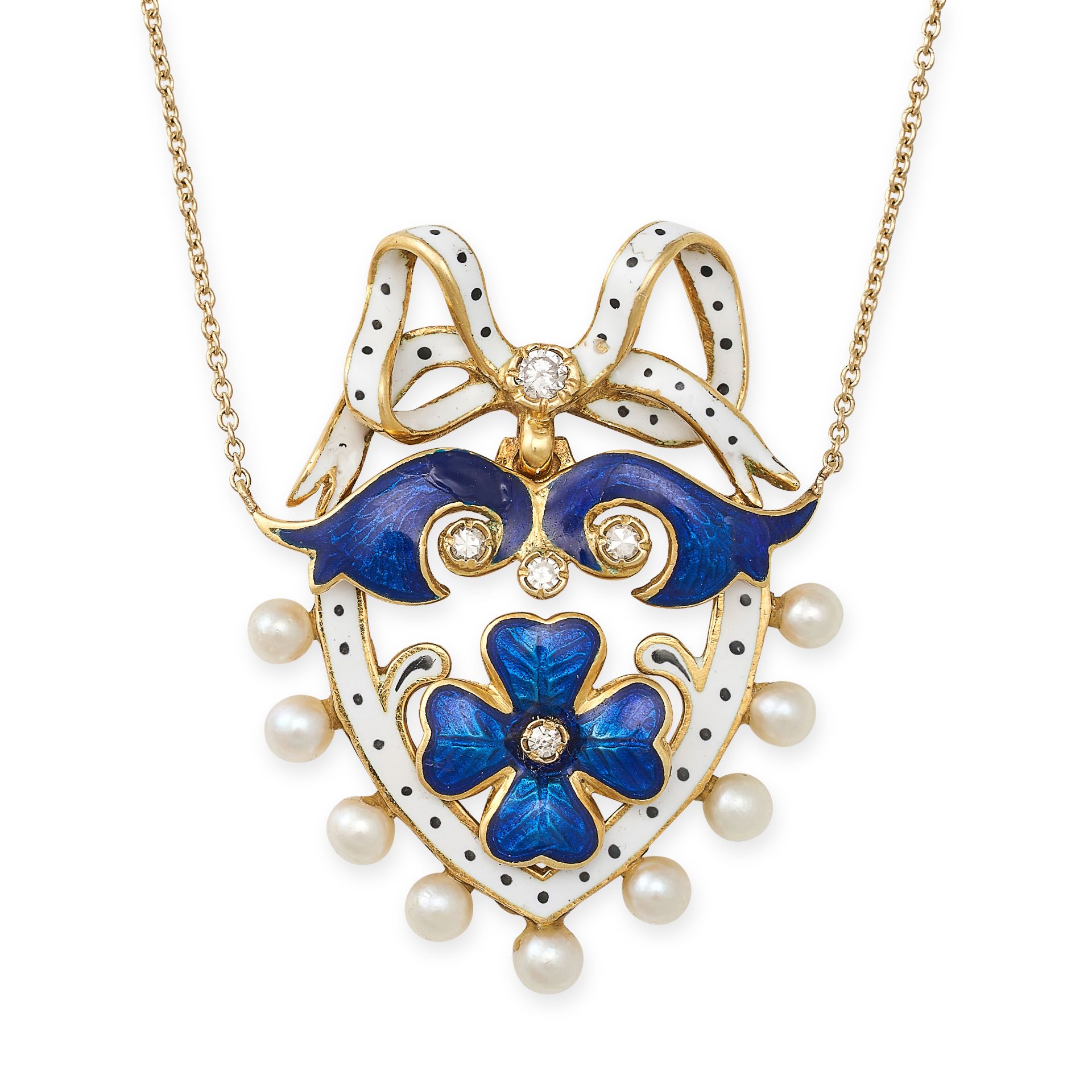 AN ANTIQUE ENAMEL, PEARL, AND DIAMOND PENDANT NECKLACE, 19TH CENTURY AND LATER in yellow gold, th...