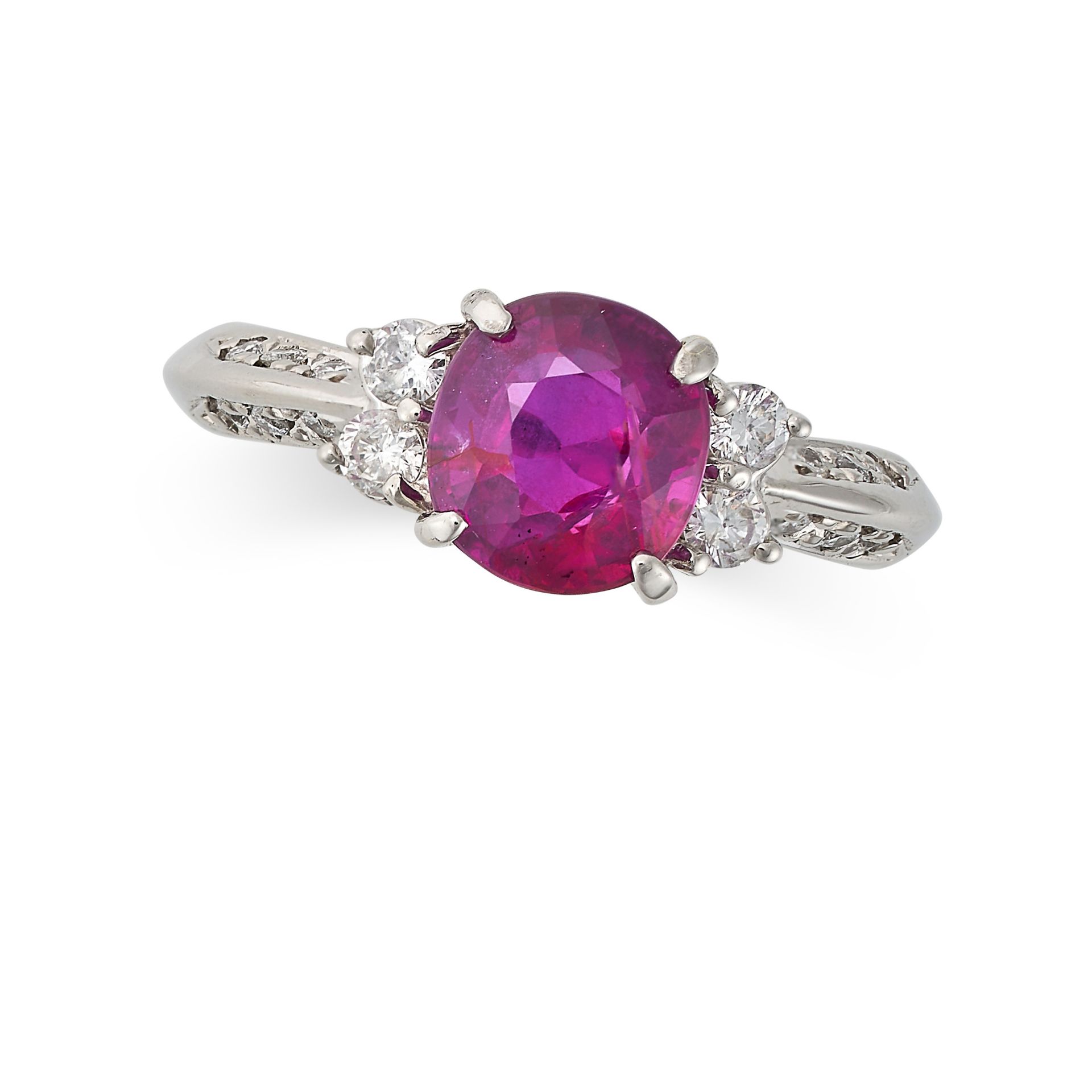 AN UNHEATED RUBY AND DIAMOND RING in platinum, set with an oval cut ruby of 2.16 carats accented ...