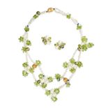 A PEARL, PERIDOT, SAPPHIRE AND ROCK CRYSTAL NECKLACE AND EARRINGS SUITE in 18ct yellow gold, comp...