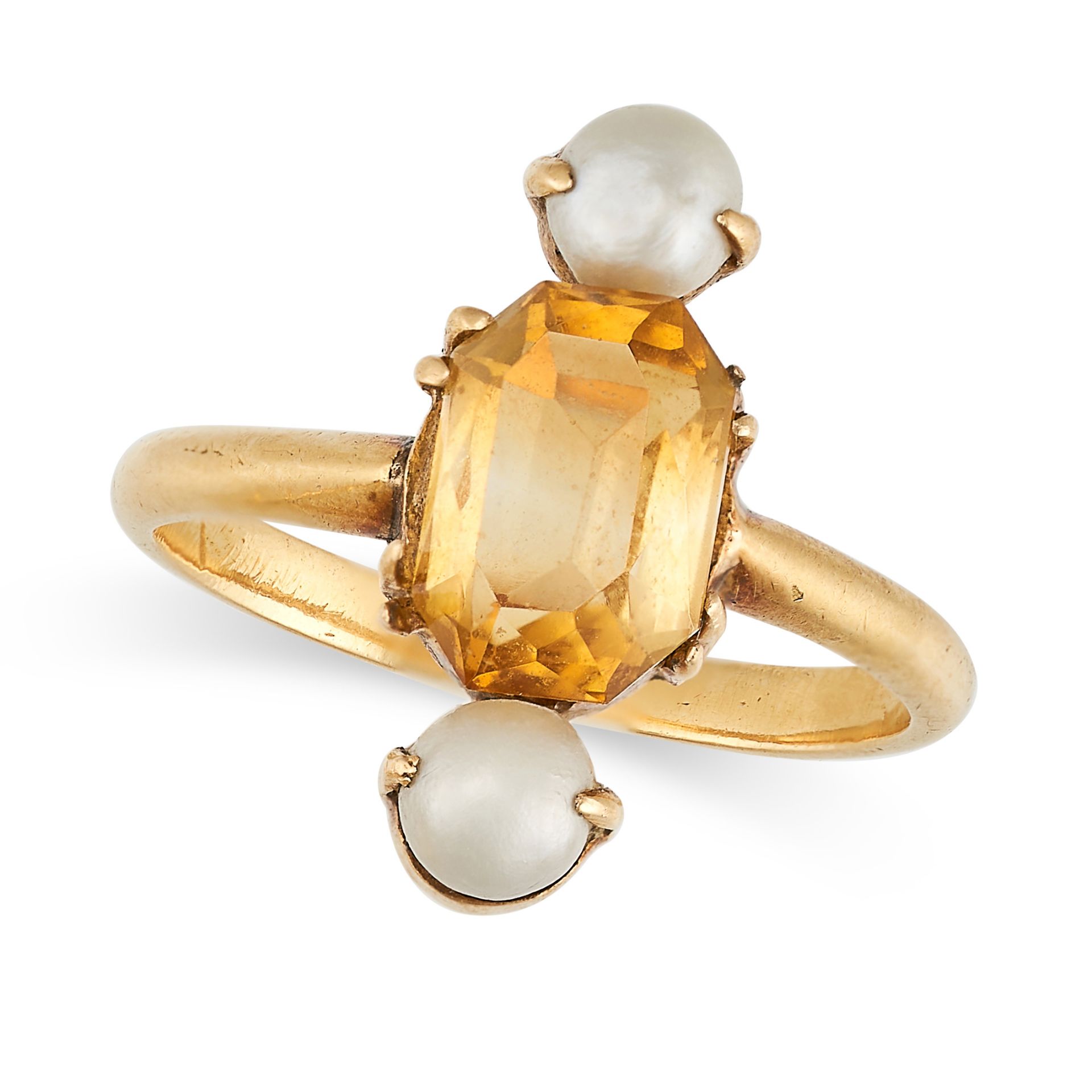 A VINTAGE CITRINE AND PEARL RING in yellow gold, set with an octagonal step cut citrine accented ... - Image 2 of 2