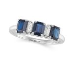 A SAPPHIRE AND DIAMOND RING in 18ct white gold, set with octagonal step cut sapphires and baguett...