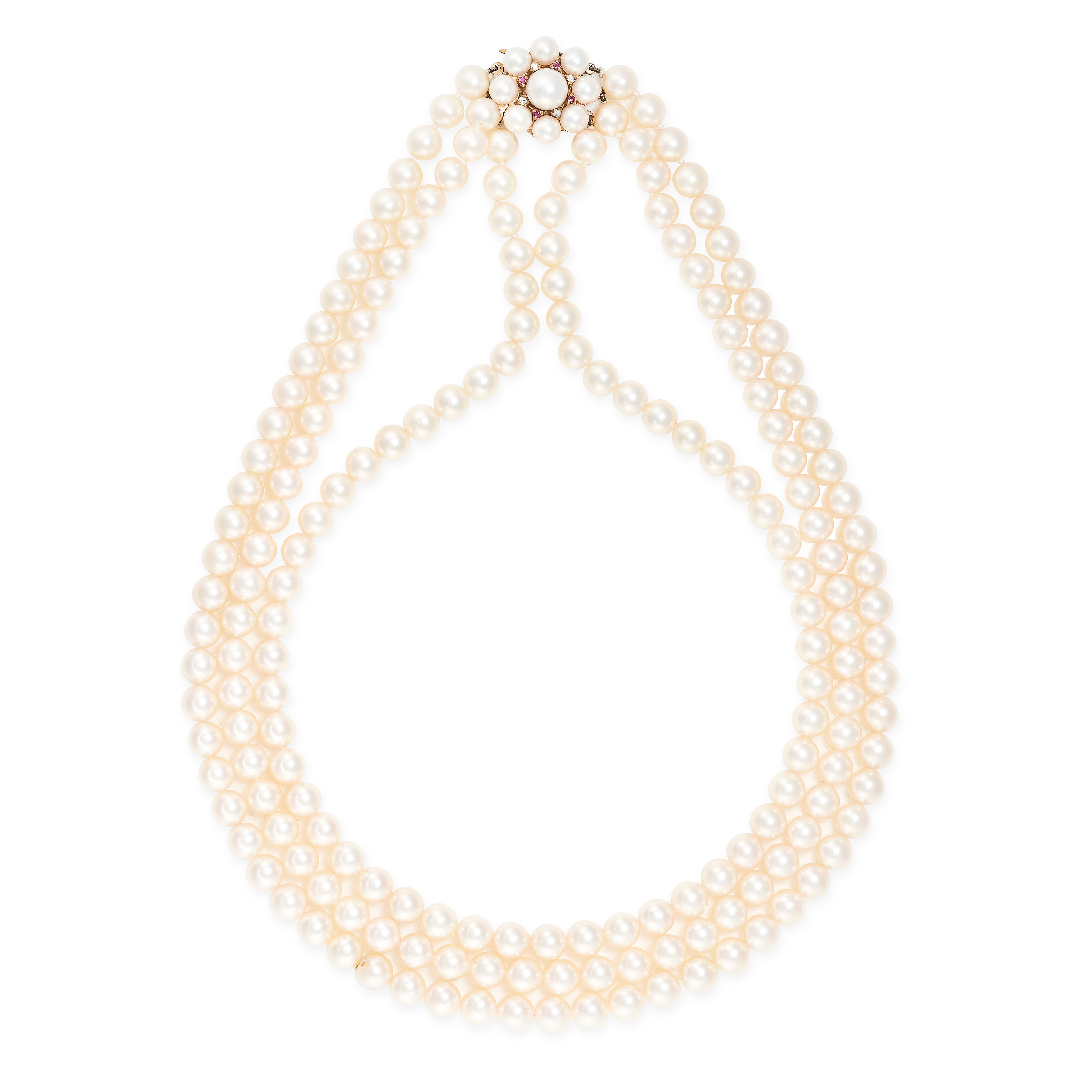 A THREE ROW PEARL, RUBY AND DIAMOND NECKLACE in 9ct yellow gold, comprising three rows of pearls,...