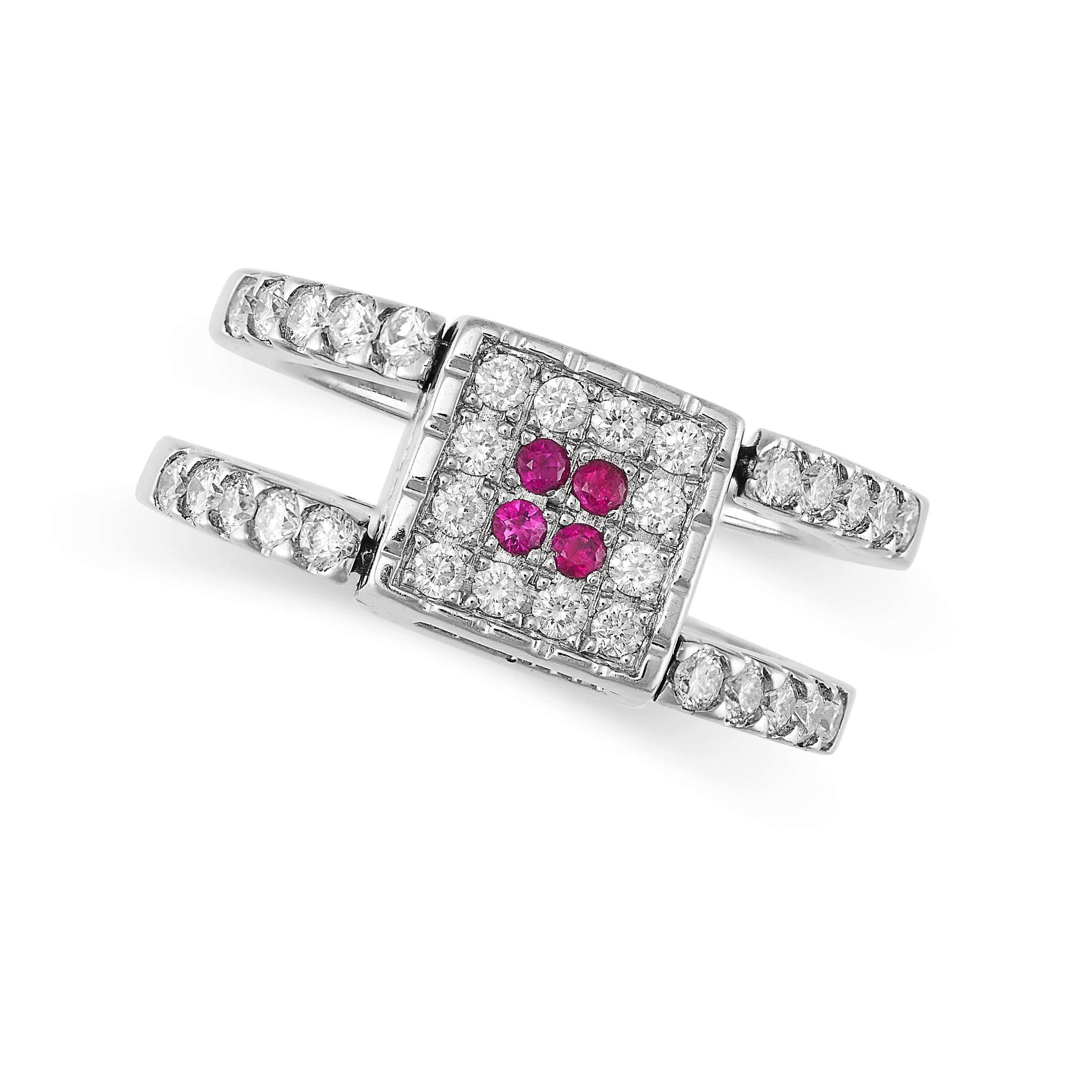 A REVERSIBLE RUBY AND DIAMOND RING in 18ct white gold, the square face set to one side with round... - Image 2 of 4