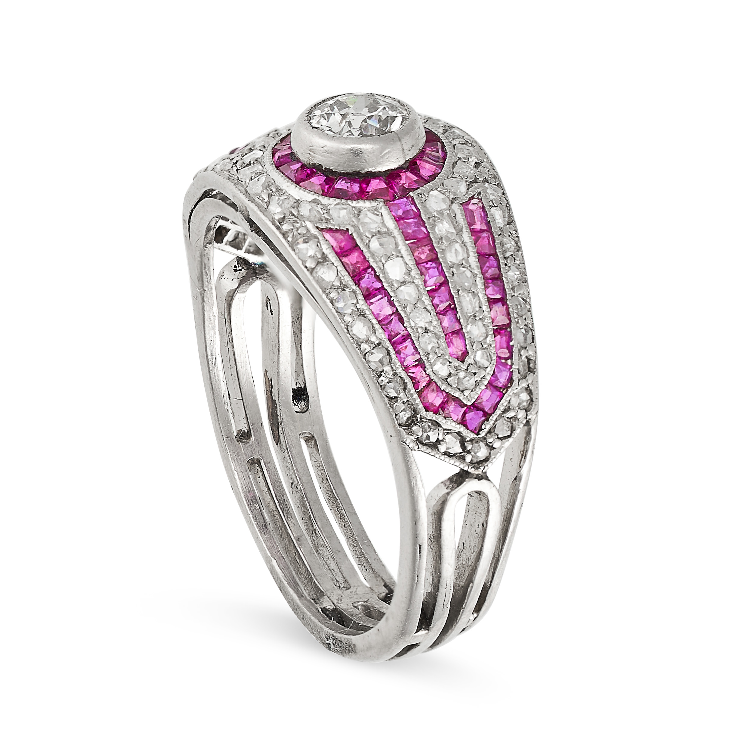 A RUBY AND DIAMOND RING set with an old cut diamond in a border of step cut rubies, accented by g... - Image 3 of 4