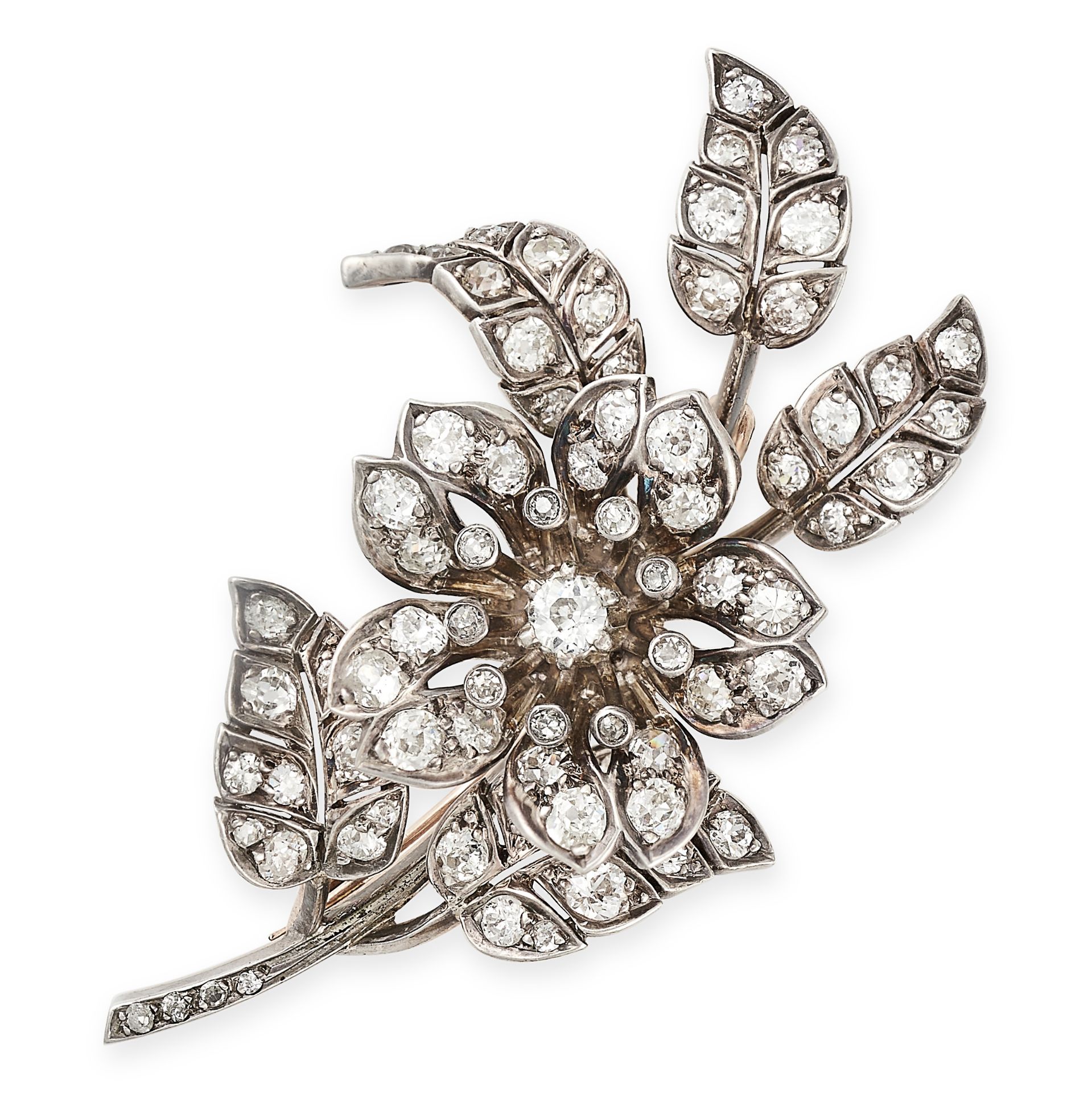 AN ANTIQUE DIAMOND FLOWER BROOCH in silver and yellow gold, the brooch designed as a floral spray...