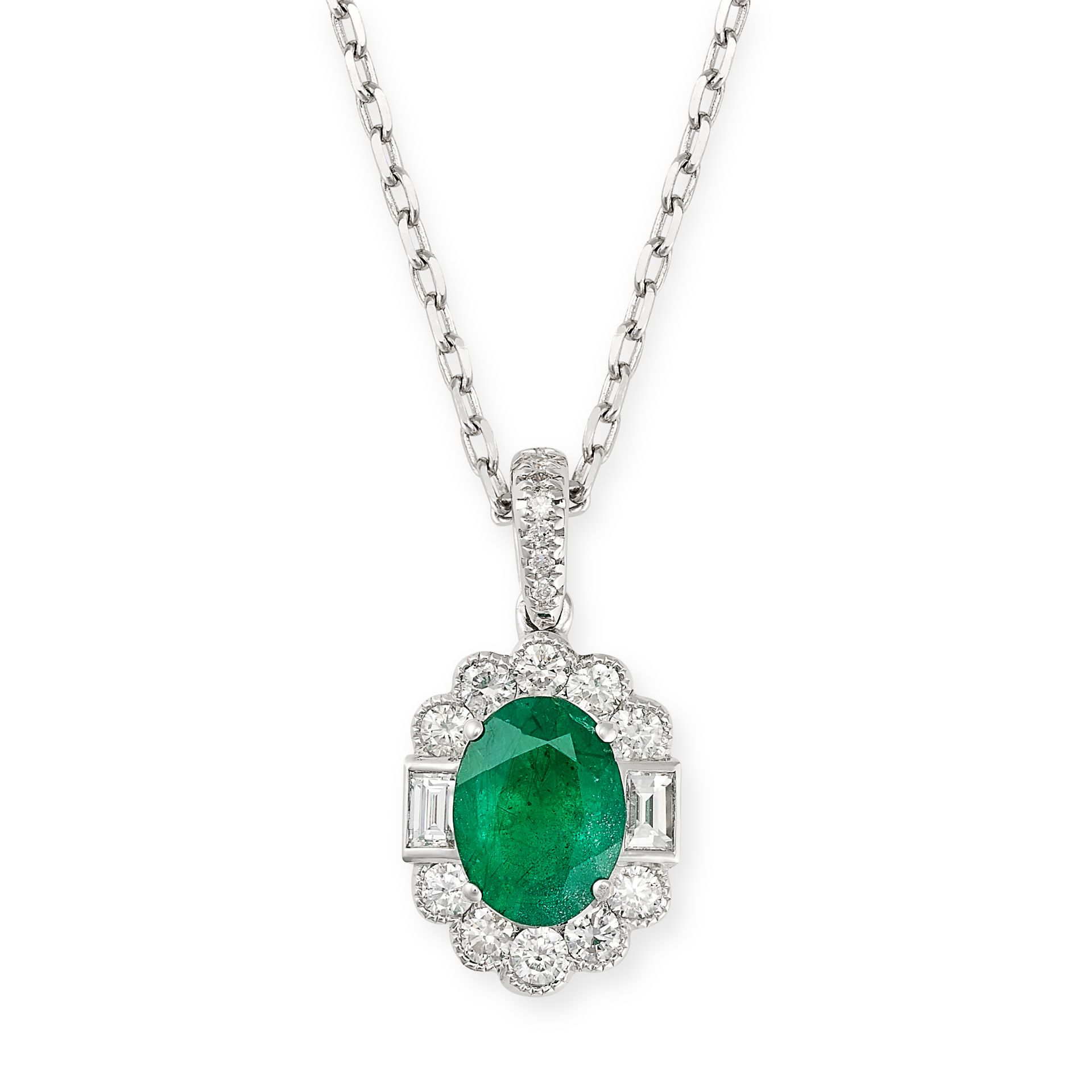 AN EMERALD AND DIAMOND PENDANT NECKLACE in 18ct white gold, the pendant set with an oval cut emer...