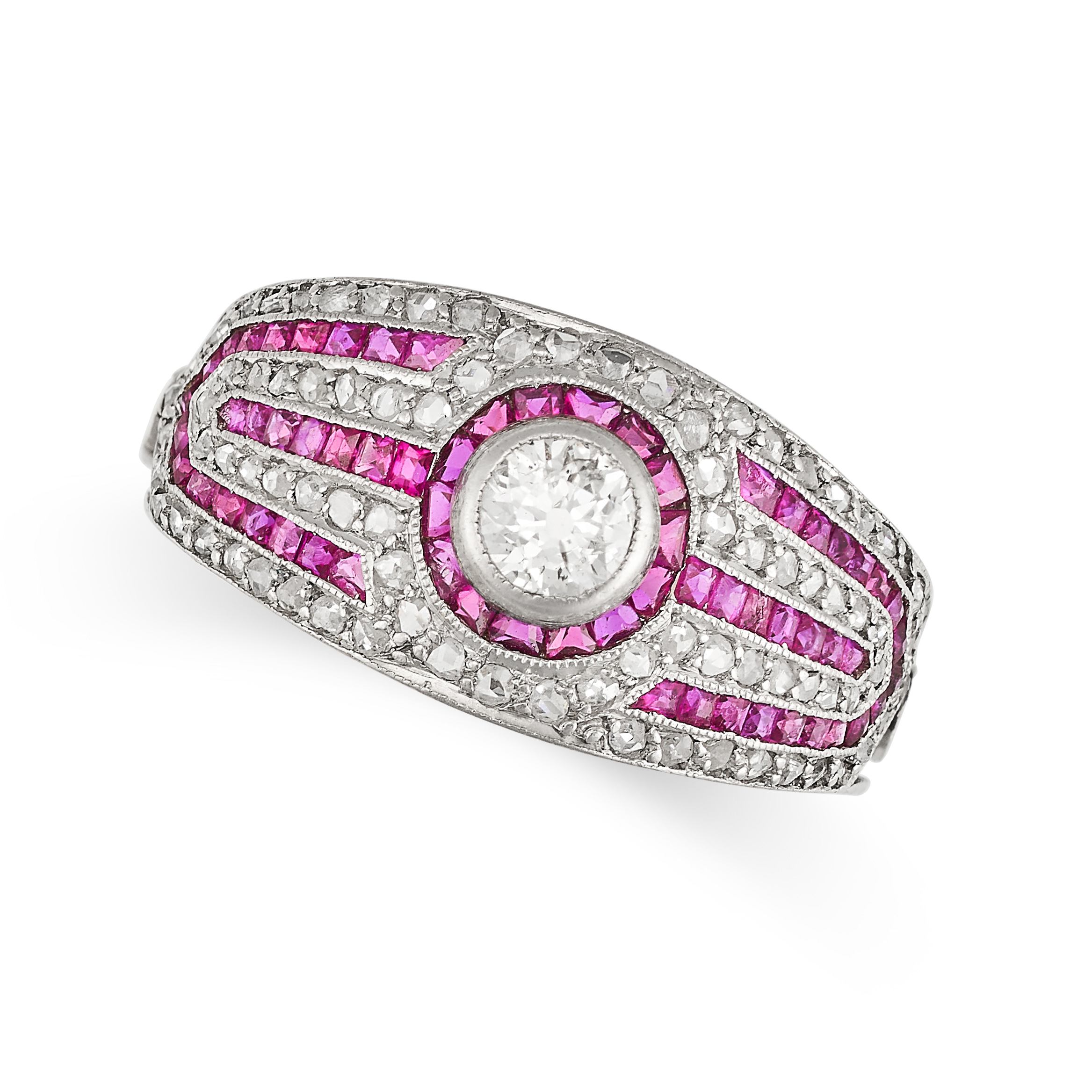 A RUBY AND DIAMOND RING set with an old cut diamond in a border of step cut rubies, accented by g...