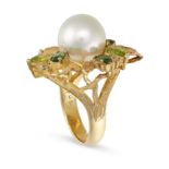 A PEARL, DIAMOND, TOURMALINE AND PERIDOT RING in 18ct yellow gold, designed as a stylised flower,...
