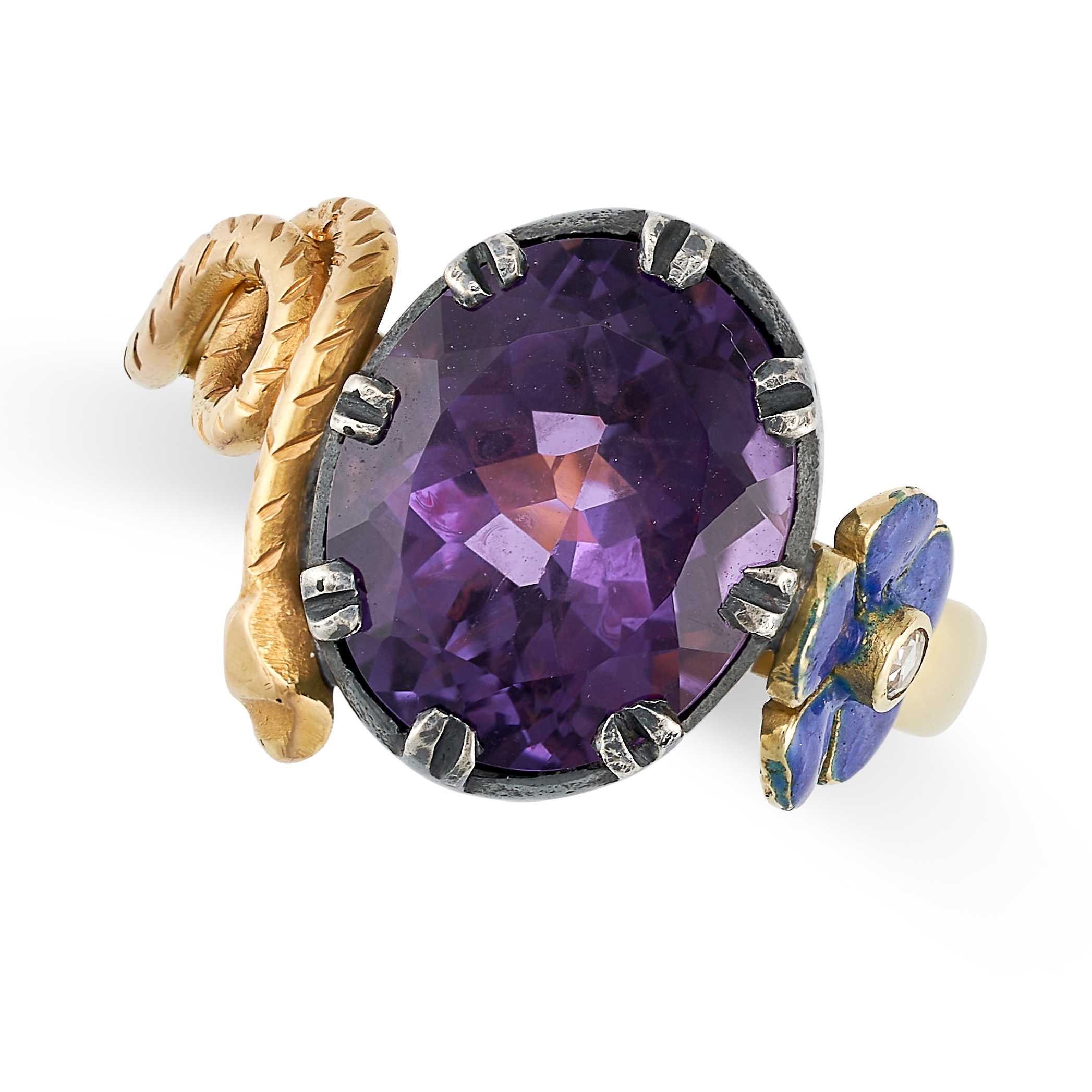 AN AMETHYST, DIAMOND AND ENAMEL RING in 18ct yellow gold and silver, set with an oval cut amethys... - Image 2 of 4