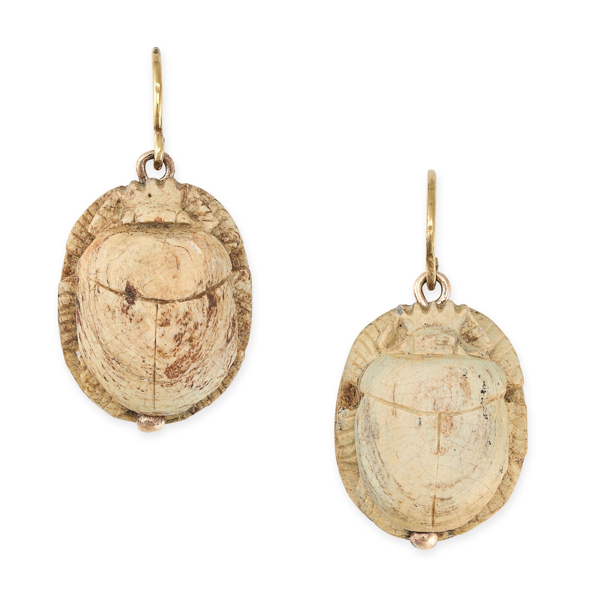 A PAIR OF ANTIQUE EGYPTIAN REVIVAL VOLCANIC LAVA SCARAB EARRINGS, 19TH CENTURY AND LATER in yello...