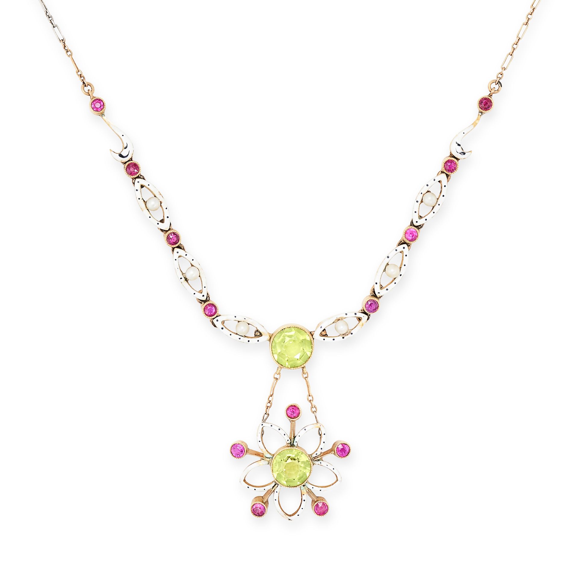 AN ANTIQUE PERIDOT, RUBY, PEARL AND ENAMEL NECKLACE in yellow gold, set with a central round cut ...