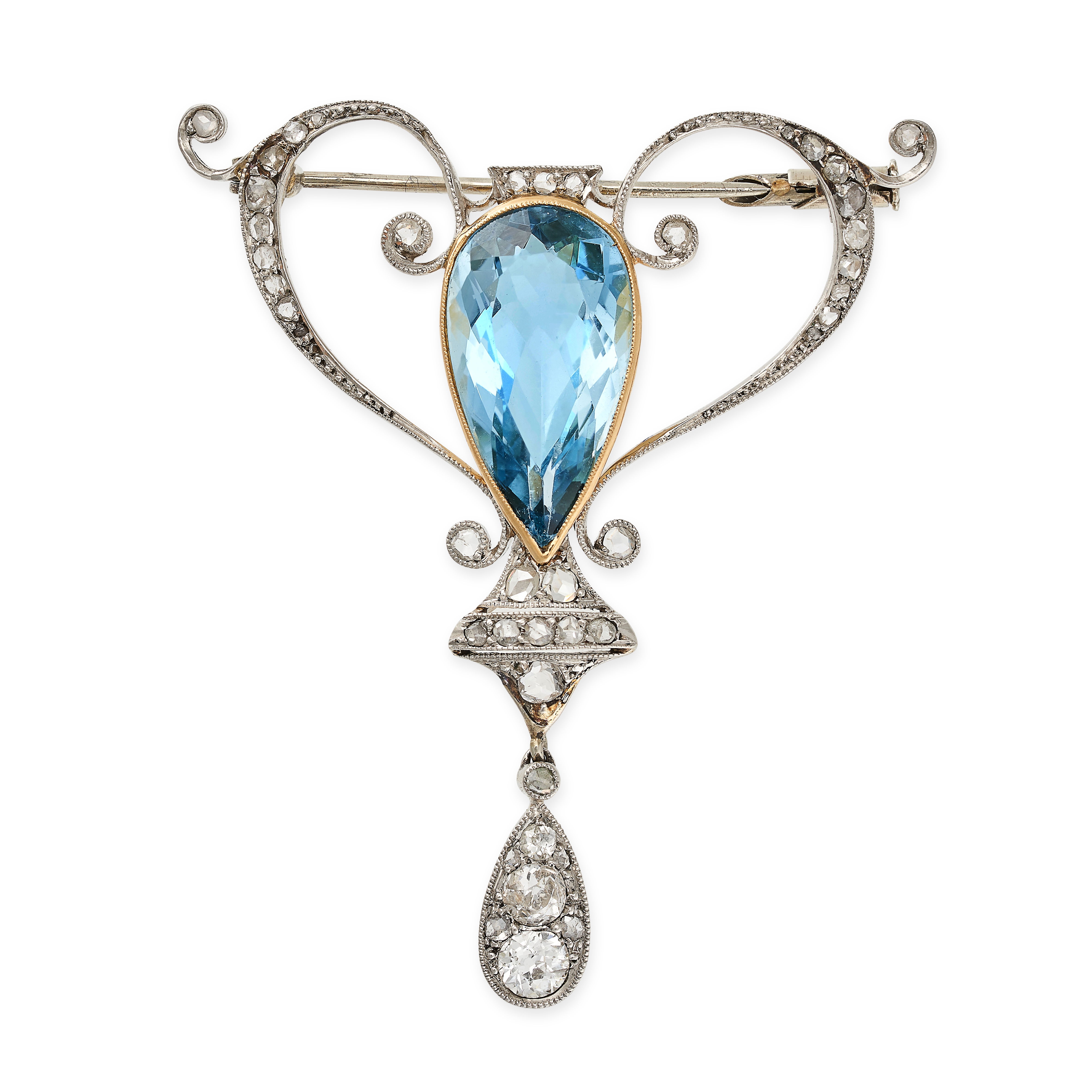 AN ANTIQUE EDWARDIAN AQUAMARINE AND DIAMOND BROOCH in yellow gold and platinum, set with a pear c...