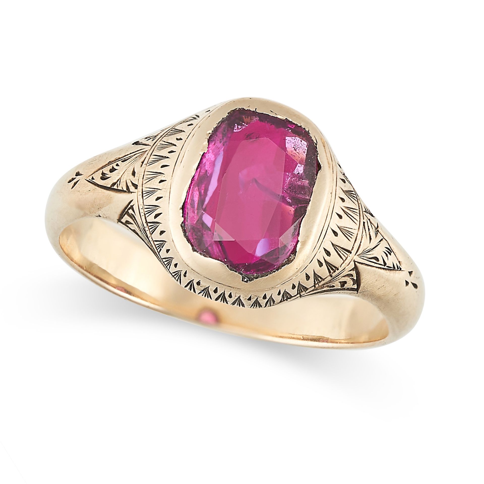 AN ANTIQUE RUBY RING in yellow gold, set with a cushion cut ruby, no assay marks, size K / 5.25, ... - Image 2 of 2