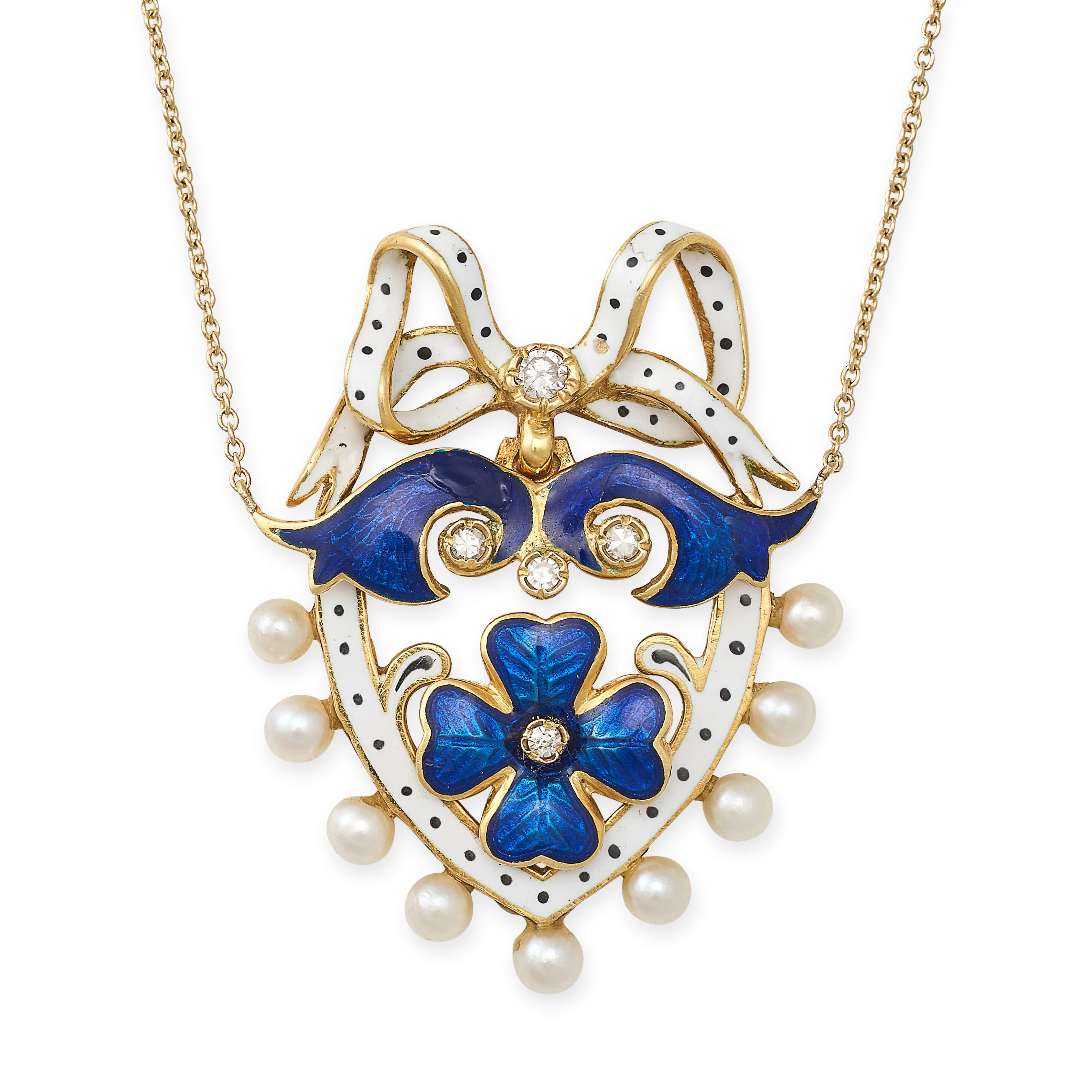 AN ANTIQUE ENAMEL, PEARL, AND DIAMOND PENDANT NECKLACE, 19TH CENTURY AND LATER in yellow gold, th... - Image 2 of 2
