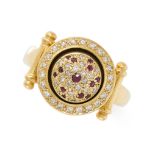 A VINTAGE RUBY AND DIAMOND RING in 18ct yellow gold, the articulated domed face set with round cu...