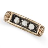 AN ANTIQUE DIAMOND RING in yellow gold, set with three rose cut diamonds, no assay marks, size N ...