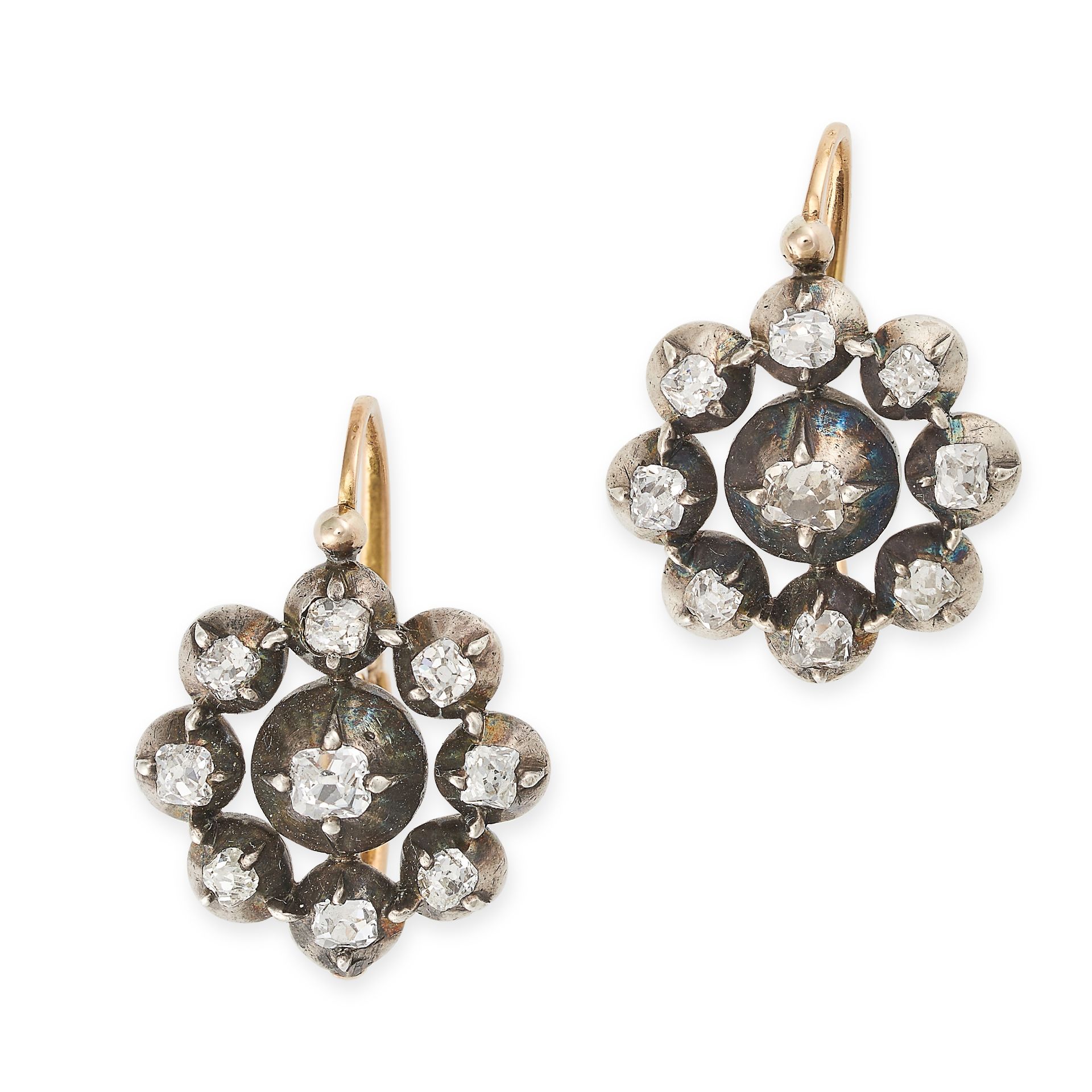 A PAIR OF ANTIQUE DIAMOND CLUSTER EARRINGS, 19TH CENTURY AND LATER in yellow gold and silver, eac...