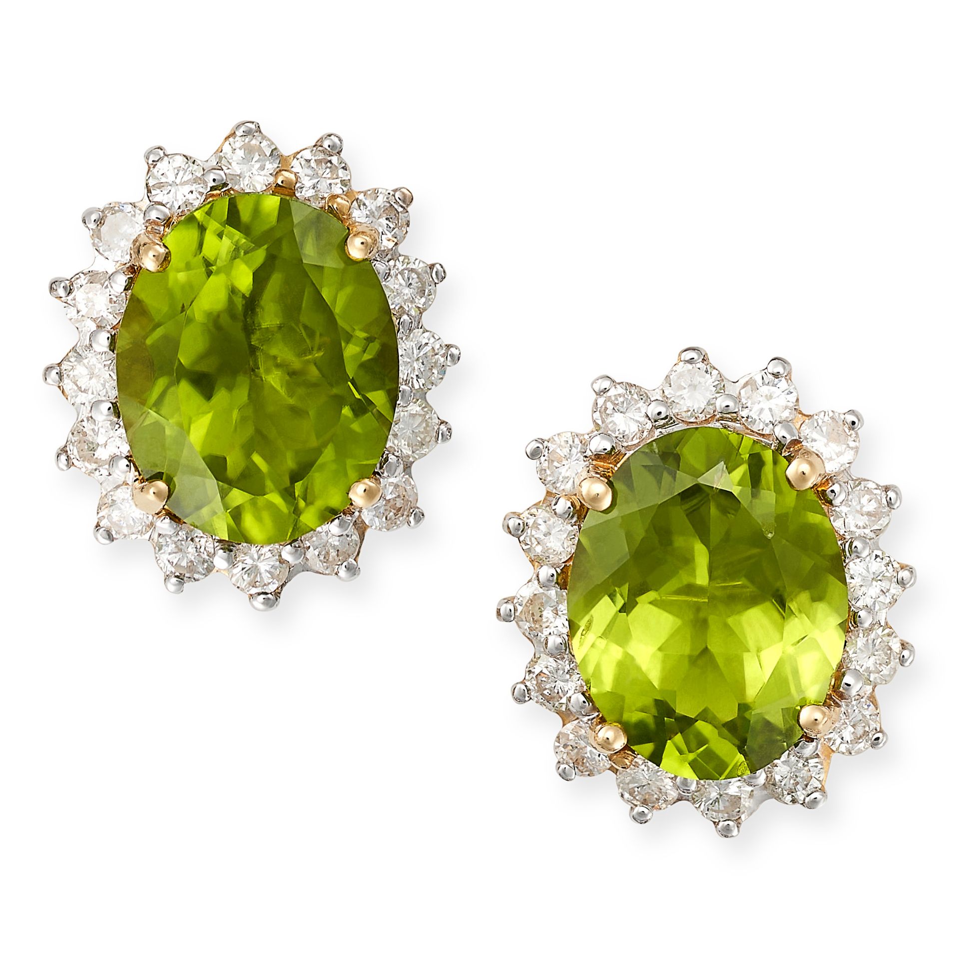 A PAIR OF PERIDOT AND DIAMOND CLUSTER EARRINGS in 18ct yellow gold, each set with an oval cut per...