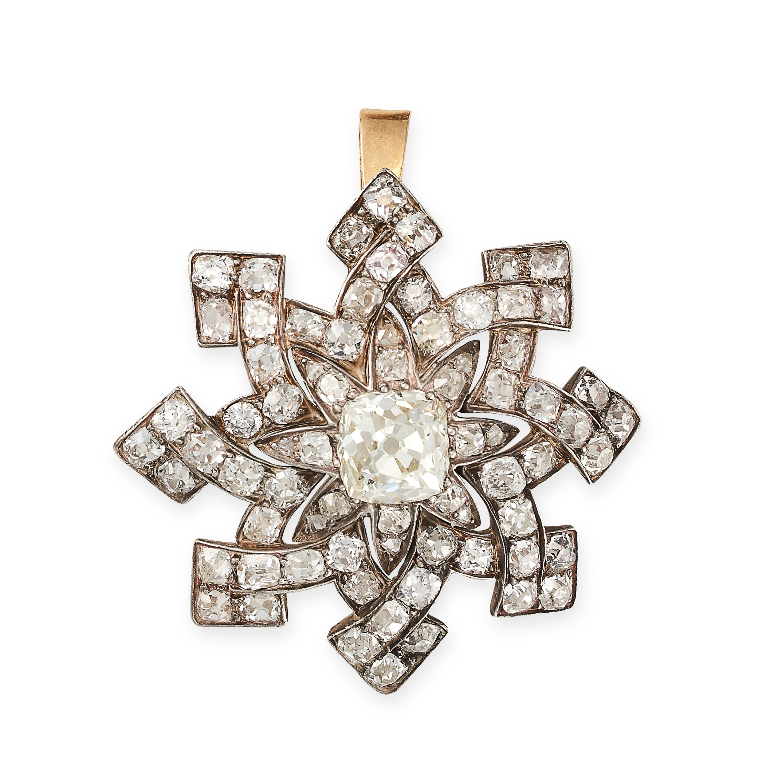 AN ANTIQUE DIAMOND SNOWFLAKE PENDANT, 19TH CENTURY in yellow gold and silver, set to the centre w...