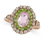 AN ANTIQUE PINK TOPAZ, DEMANTOID GARNET AND DIAMOND RING in rose gold, set to the centre with an ...