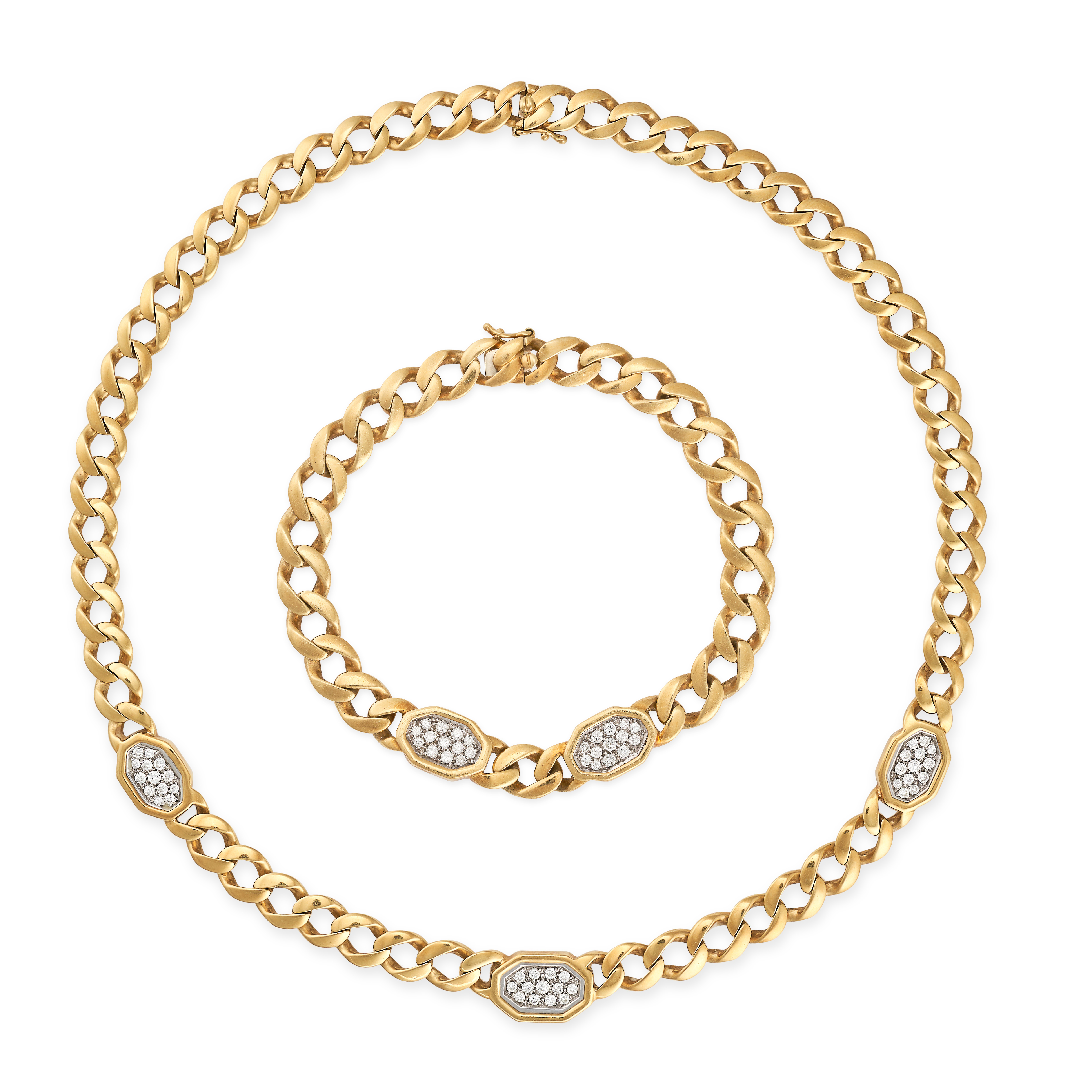 A DIAMOND NECKLACE AND BRACELET SUITE in yellow gold, each comprising a row of curb links punctua...