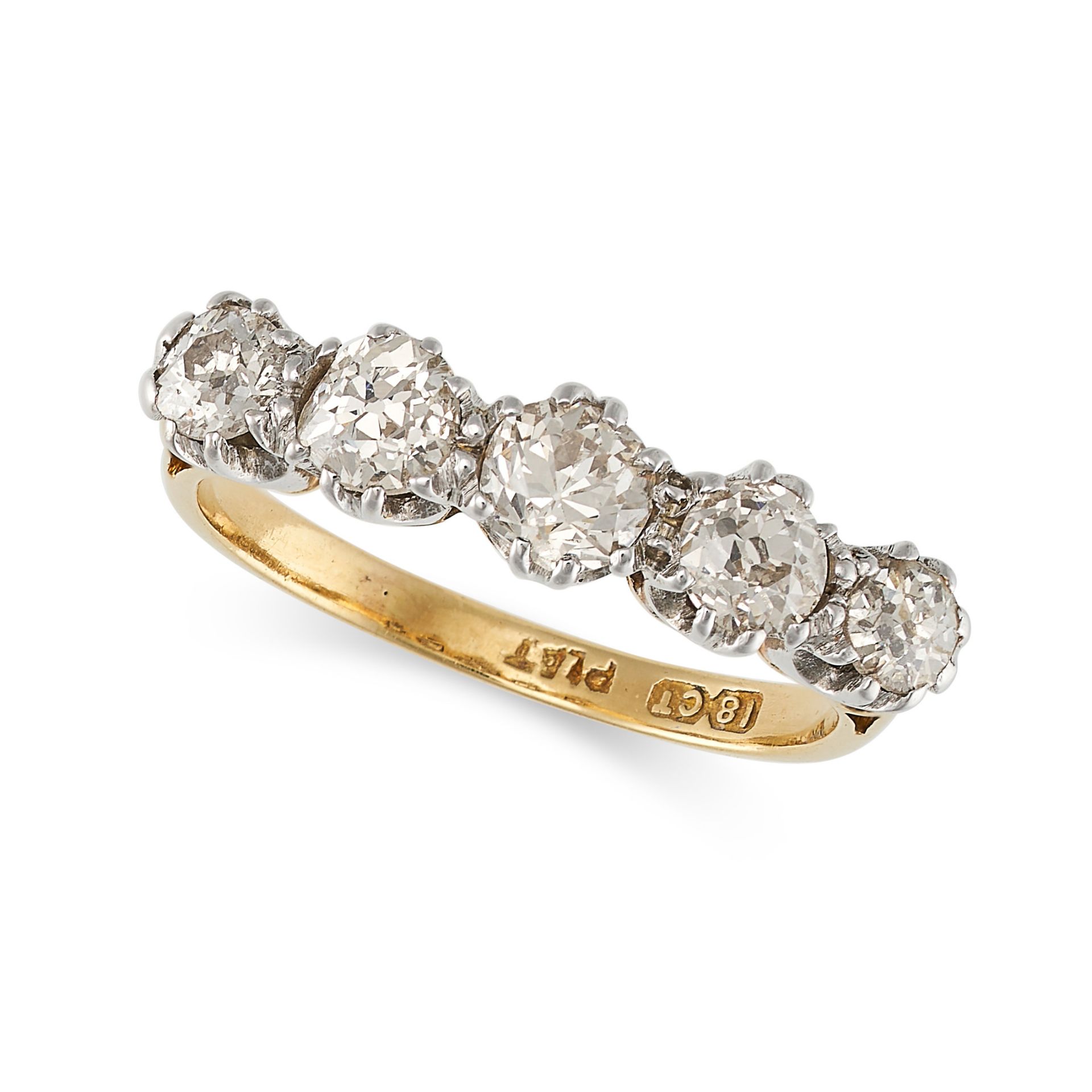 A DIAMOND FIVE STONE RING in platinum and 18ct yellow gold, set with five old cut diamonds totall...