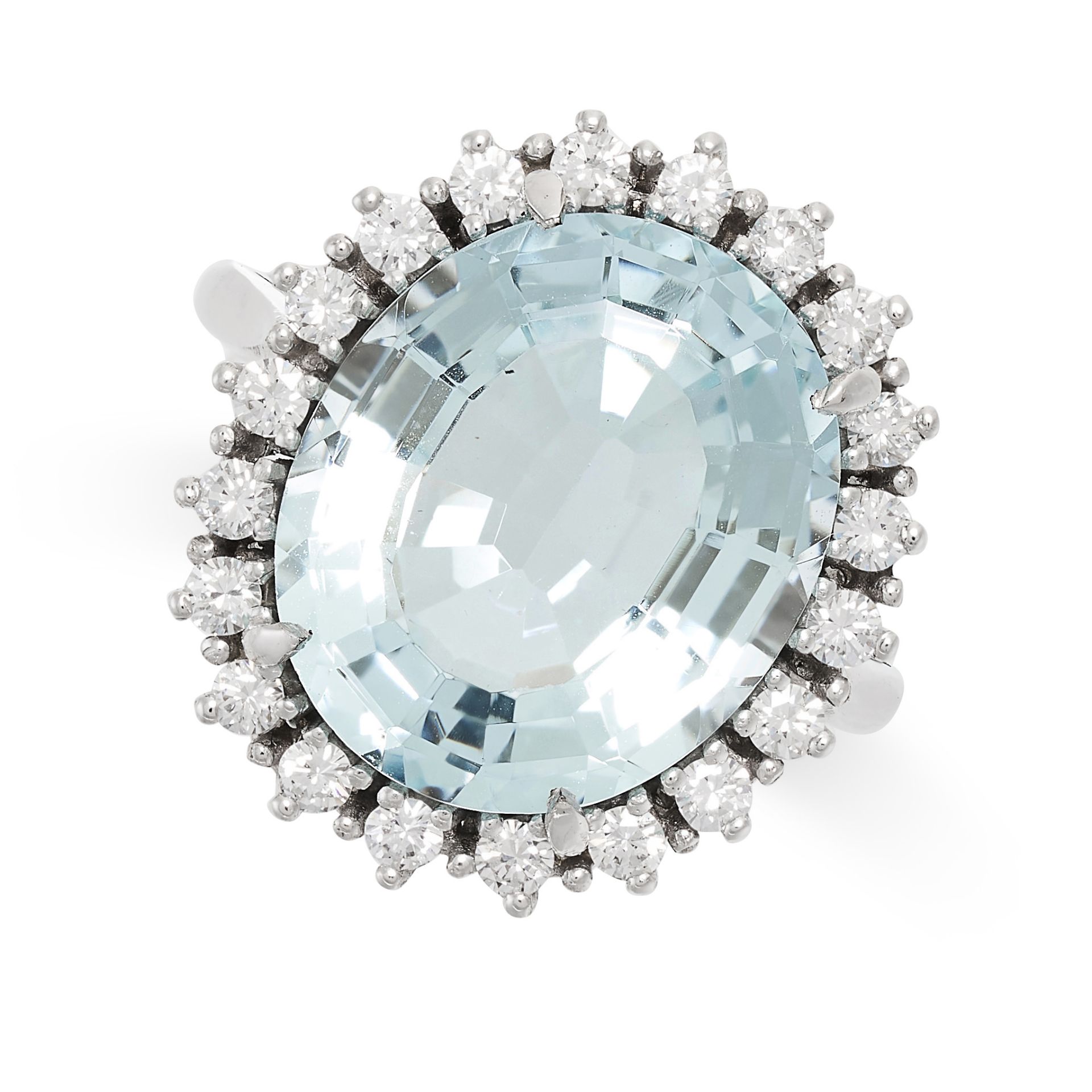 AN AQUAMARINE AND DIAMOND DRESS RING set with an oval cut aquamarine of 6.80 carats, within a bor...