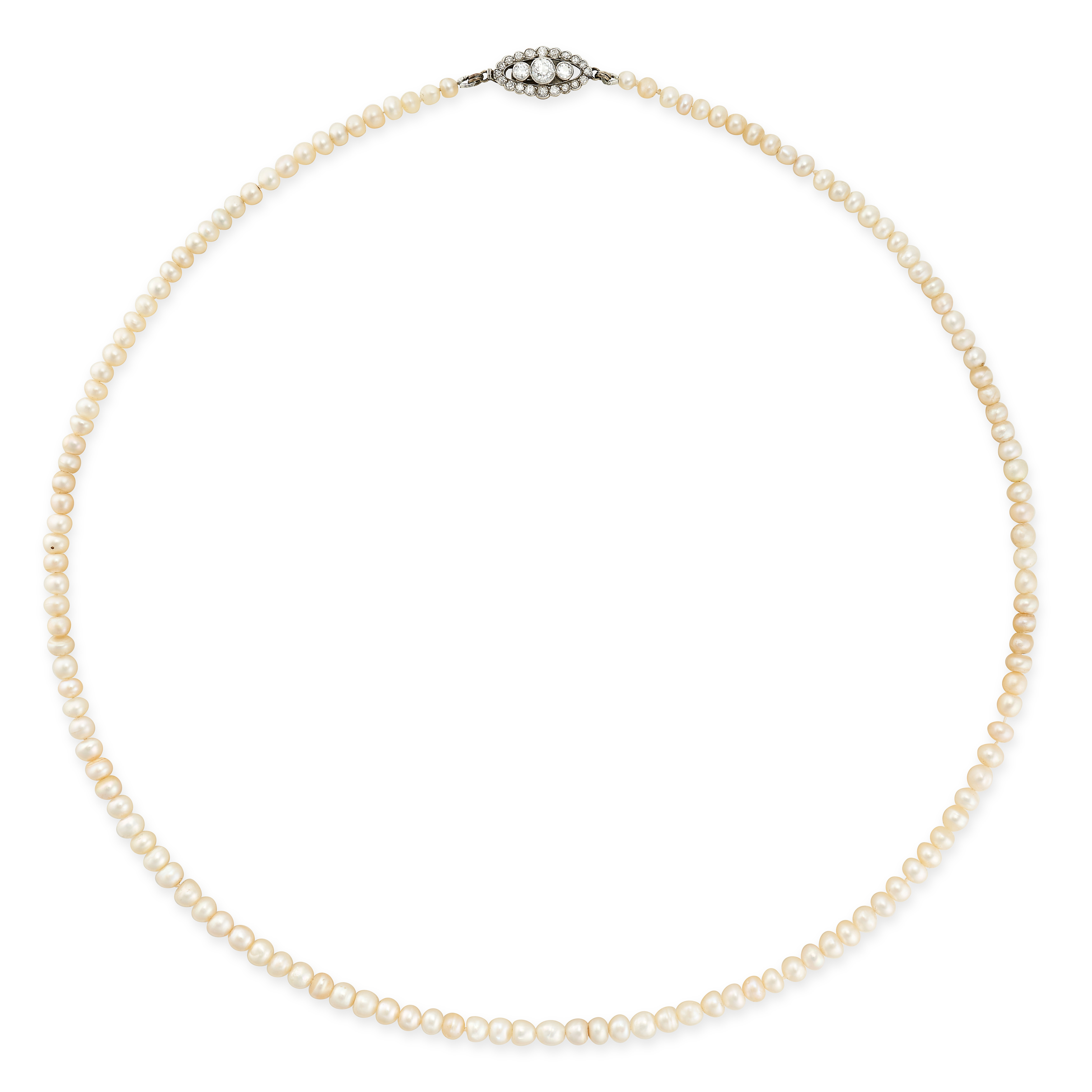 A NATURAL SALTWATER PEARL AND DIAMOND NECKLACE comprising a single row of natural saltwater pearl...