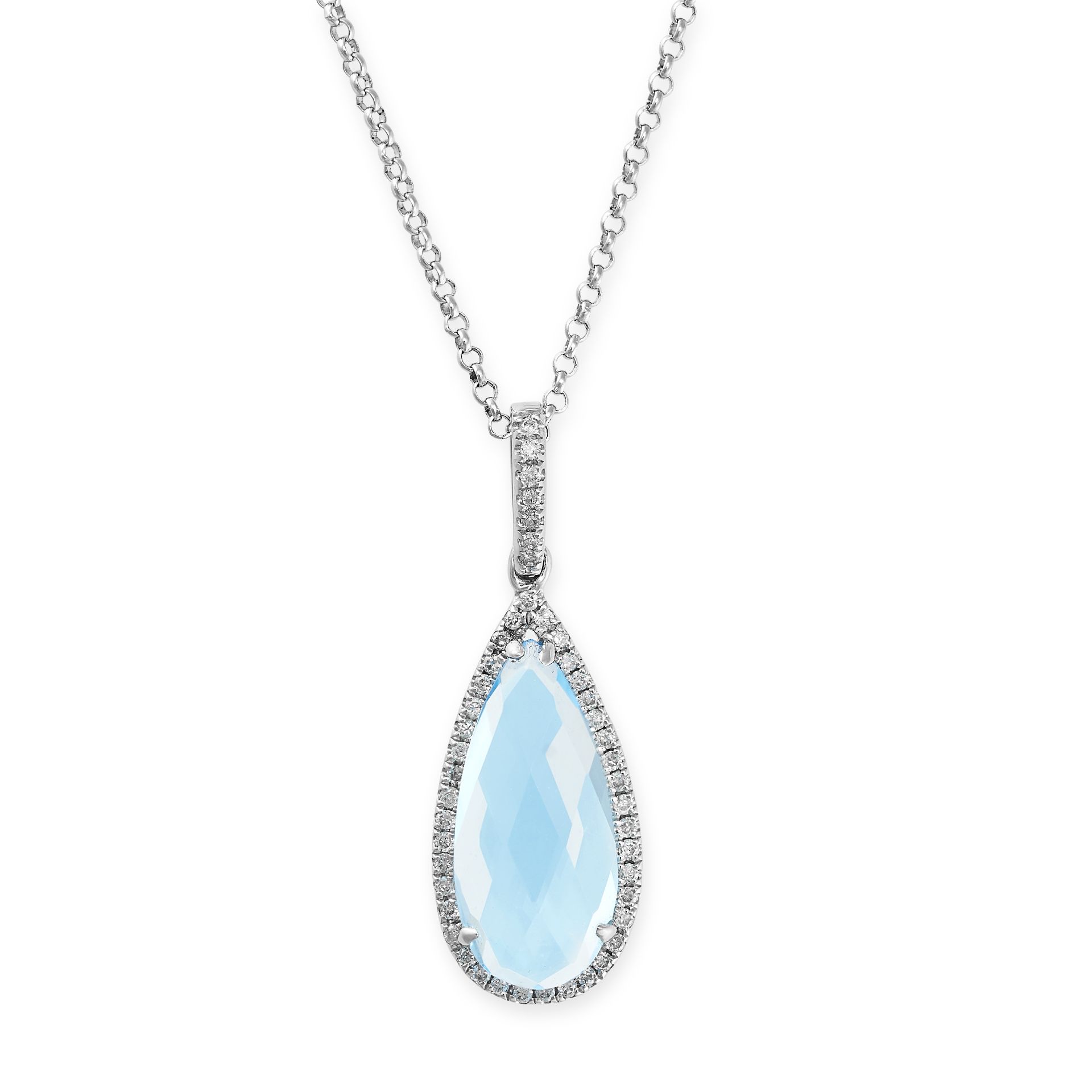 A BLUE TOPAZ AND DIAMOND PENDANT NECKLACE in 18ct white gold, the pendant set with a pear shaped ...