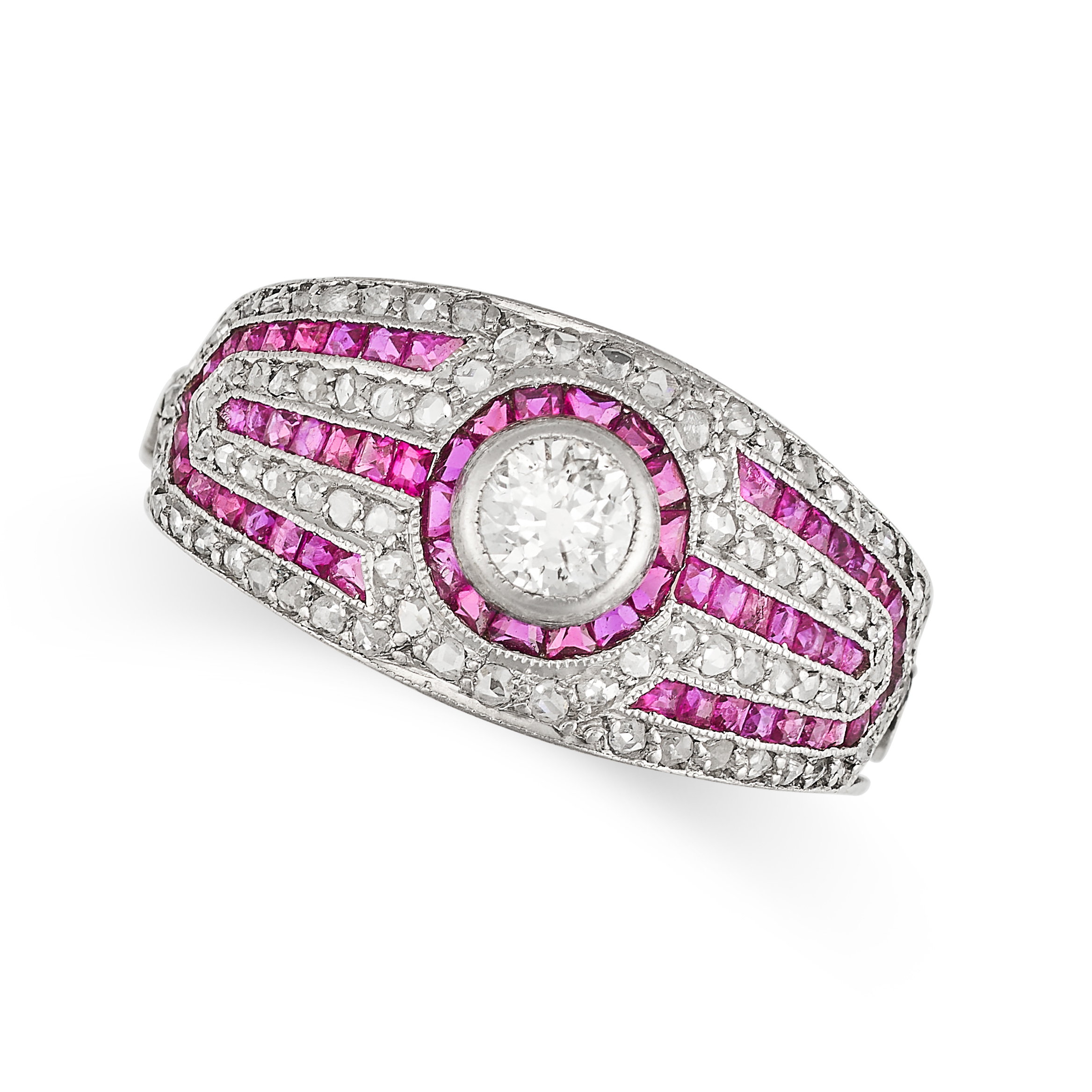 A RUBY AND DIAMOND RING set with an old cut diamond in a border of step cut rubies, accented by g... - Image 2 of 4