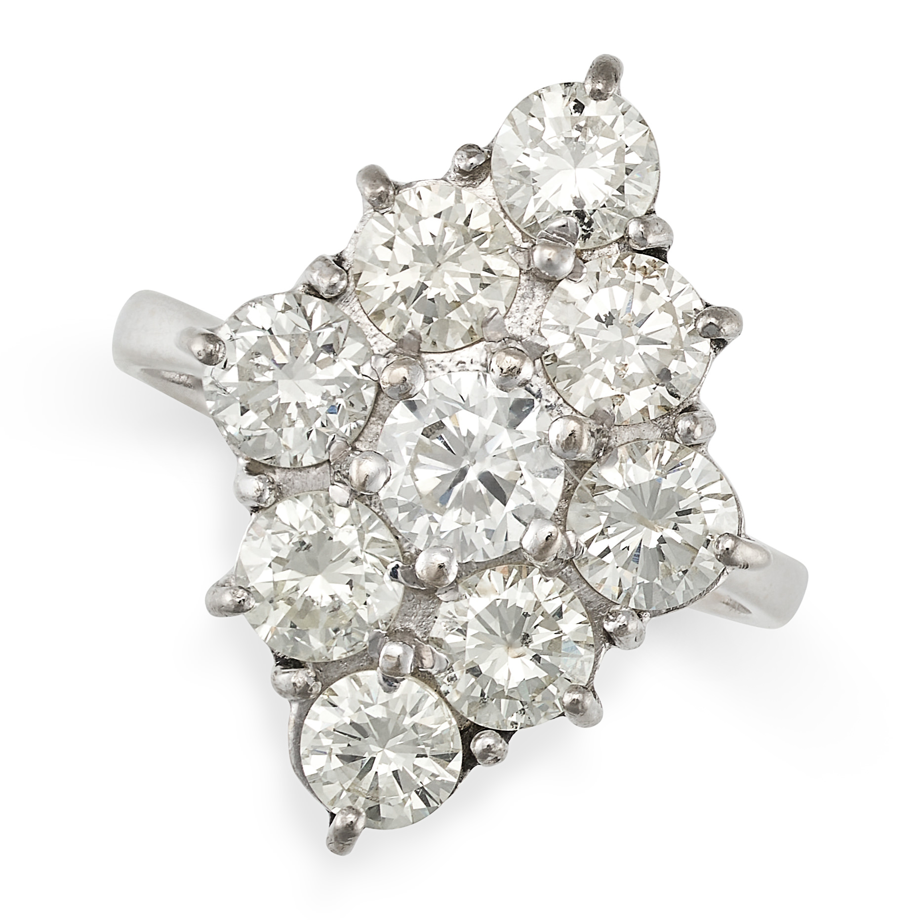 A DIAMOND CLUSTER RING in white gold, set with a navette shaped cluster of round brilliant cut di...