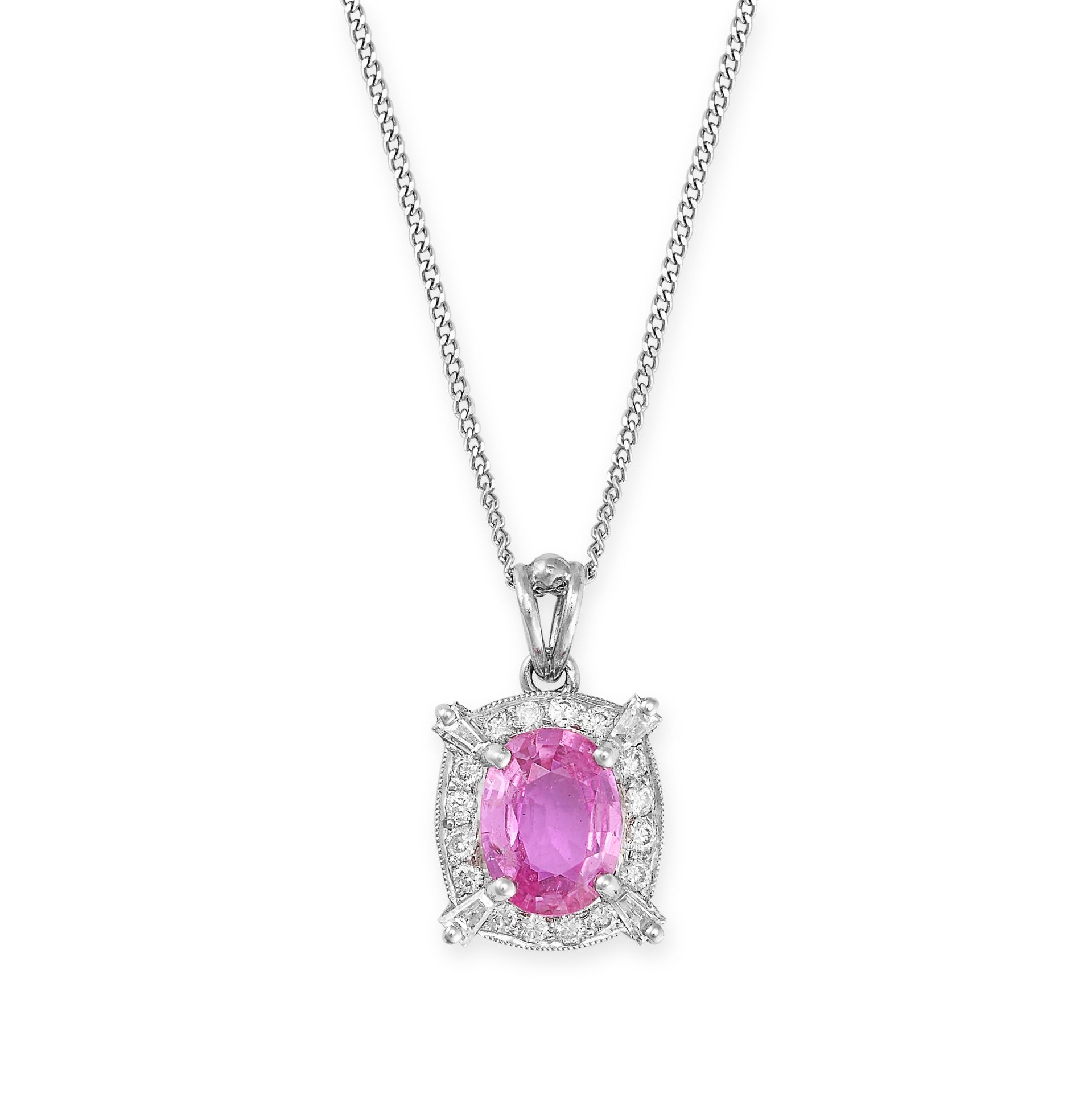 A PINK SAPPHIRE AND DIAMOND PENDANT NECKLACE in 18ct white gold, the pendant set with an oval cut...
