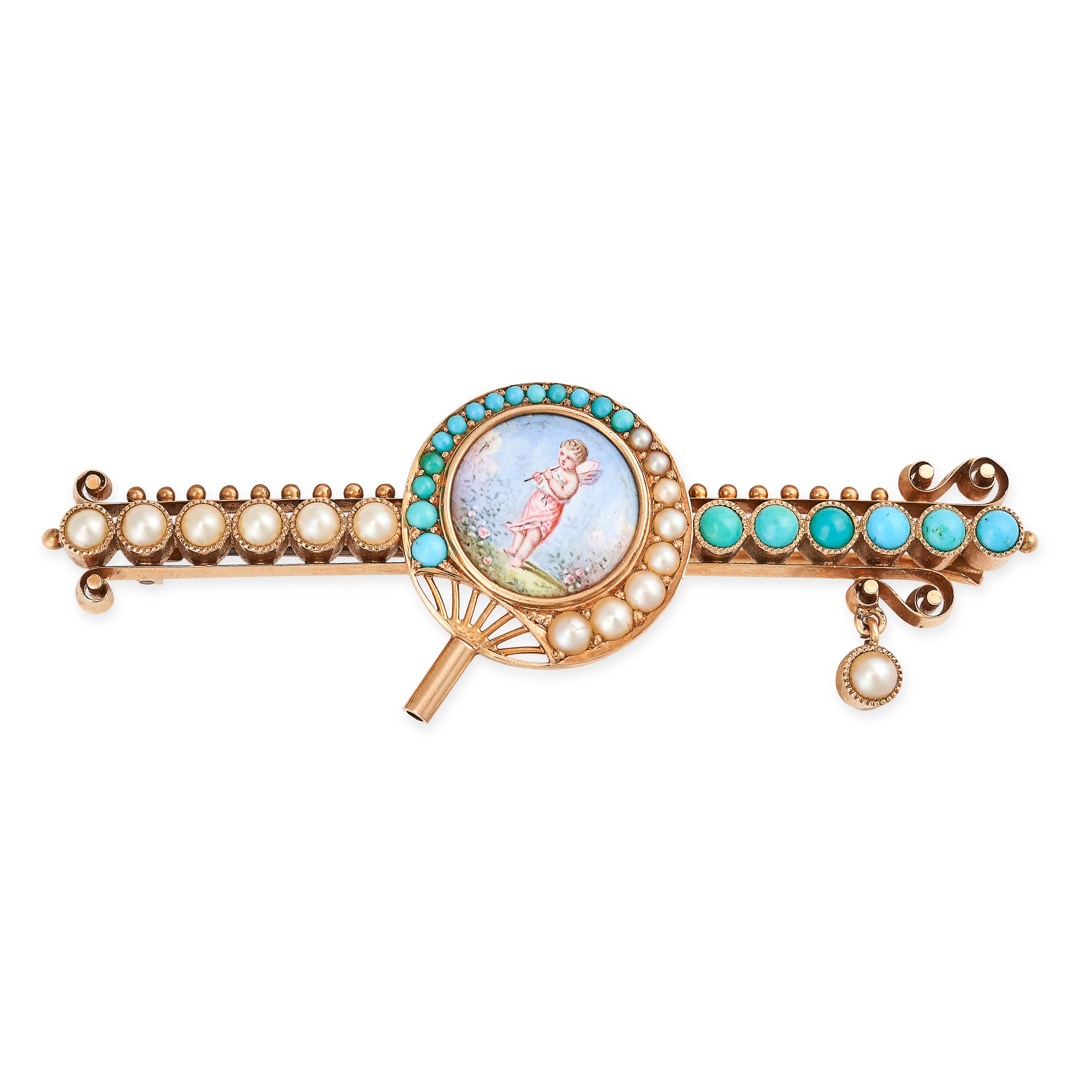 AN ANTIQUE PEARL, TURQUOISE AND ENAMEL BAR BROOCH in yellow gold, comprising a central fan motif ... - Image 2 of 2
