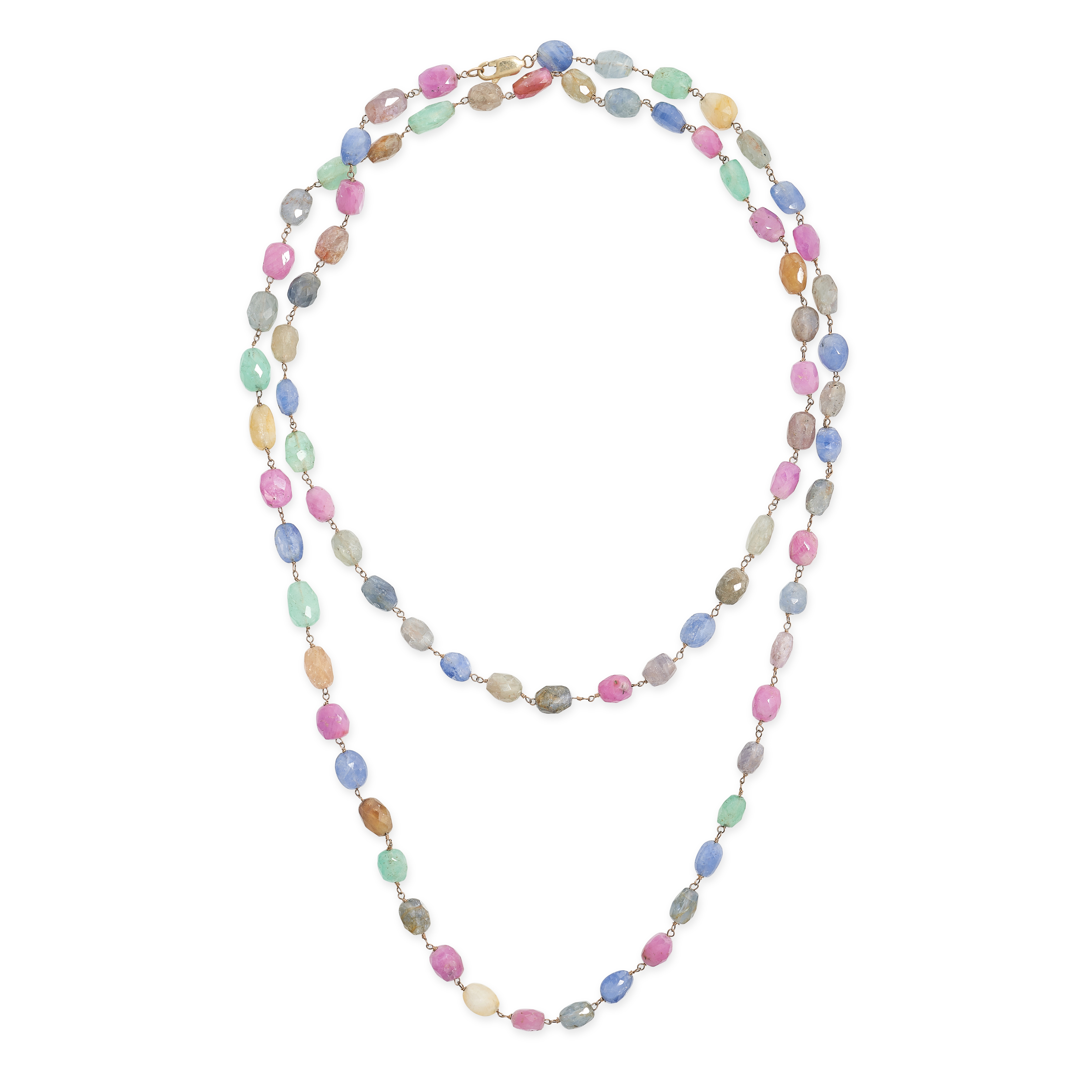 A MULTICOLOURED SAPPHIRE AND EMERALD BEAD NECKLACE in 14ct yellow gold, comprising a single row o... - Image 2 of 2