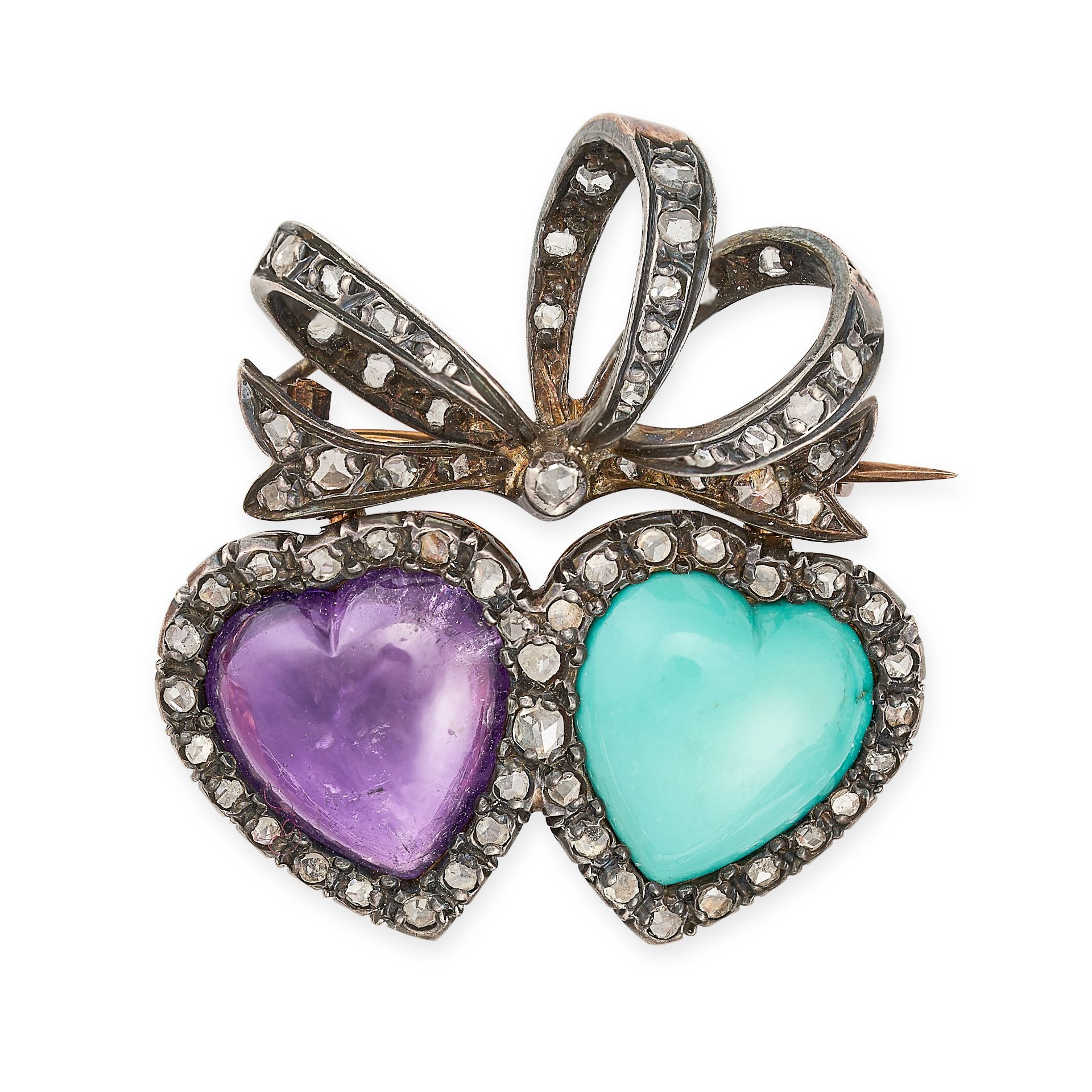 AN ANTIQUE AMETHYST, TURQUOISE AND DIAMOND SWEETHEART BROOCH in yellow gold and silver, set with ... - Image 2 of 2