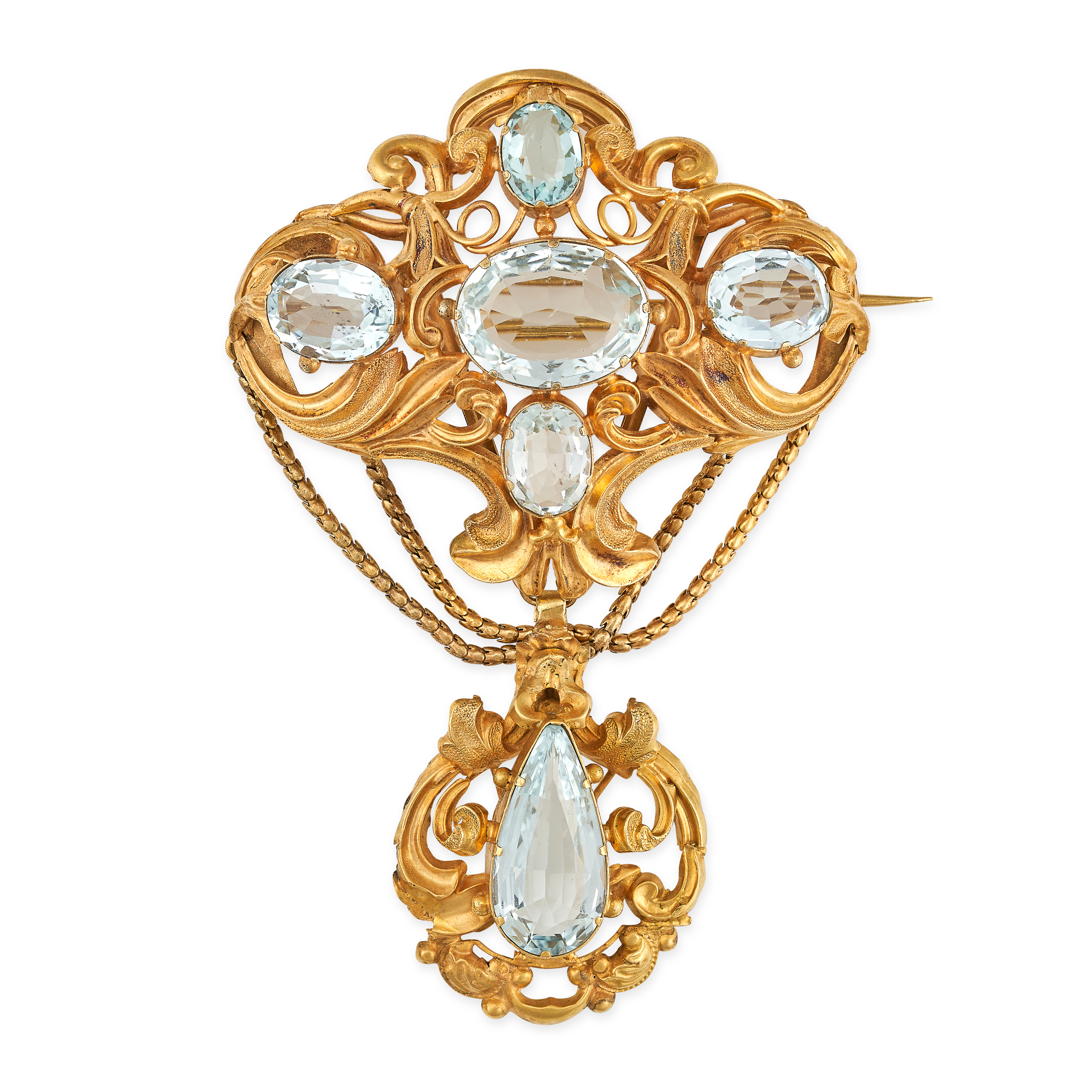 AN ANTIQUE AQUAMARINE BROOCH, 19TH CENTURY in yellow gold, the scrolling openwork body set with f... - Image 2 of 2