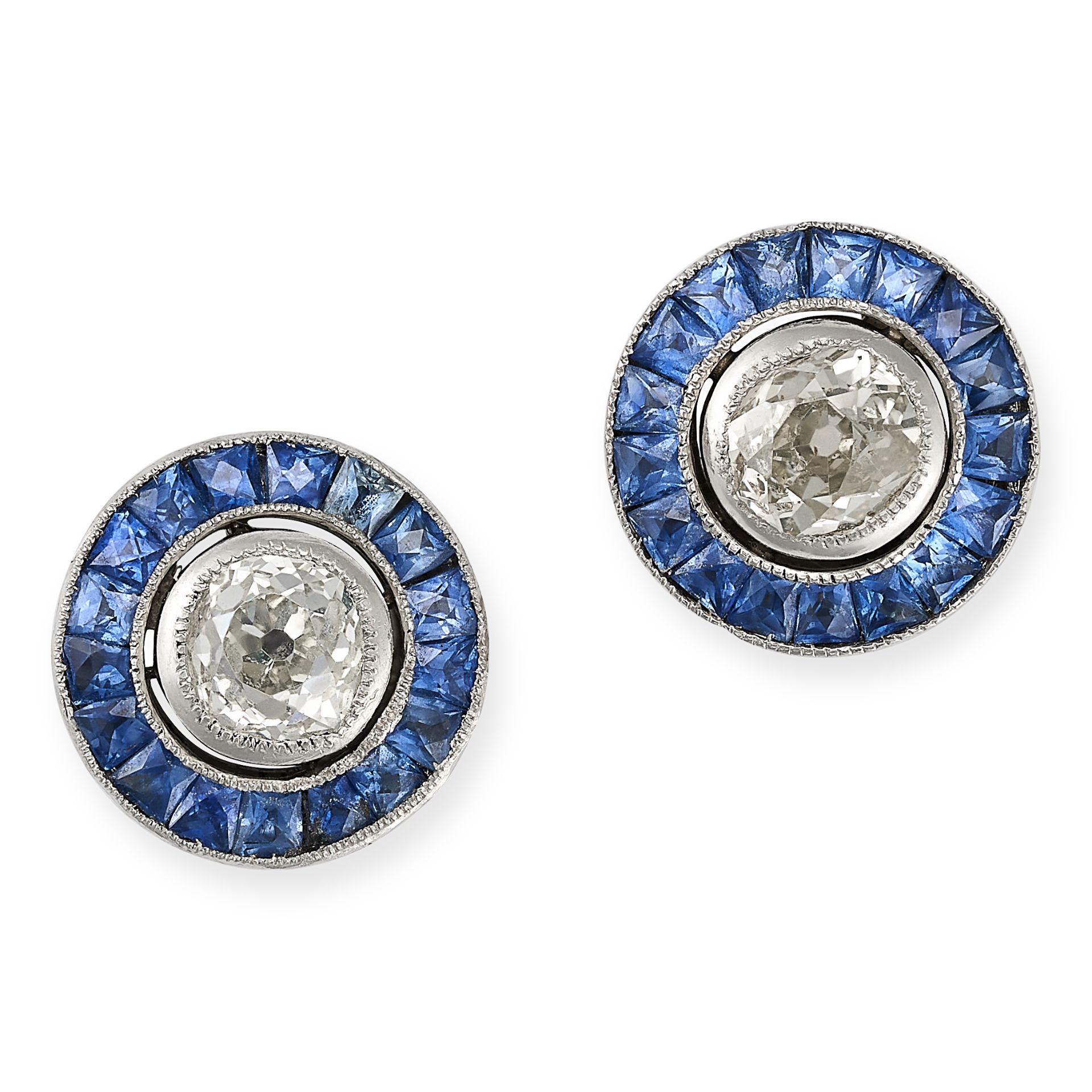 A PAIR OF SAPPHIRE AND DIAMOND TARGET EARRINGS in platinum, each set with an old cut diamond of a... - Image 2 of 2
