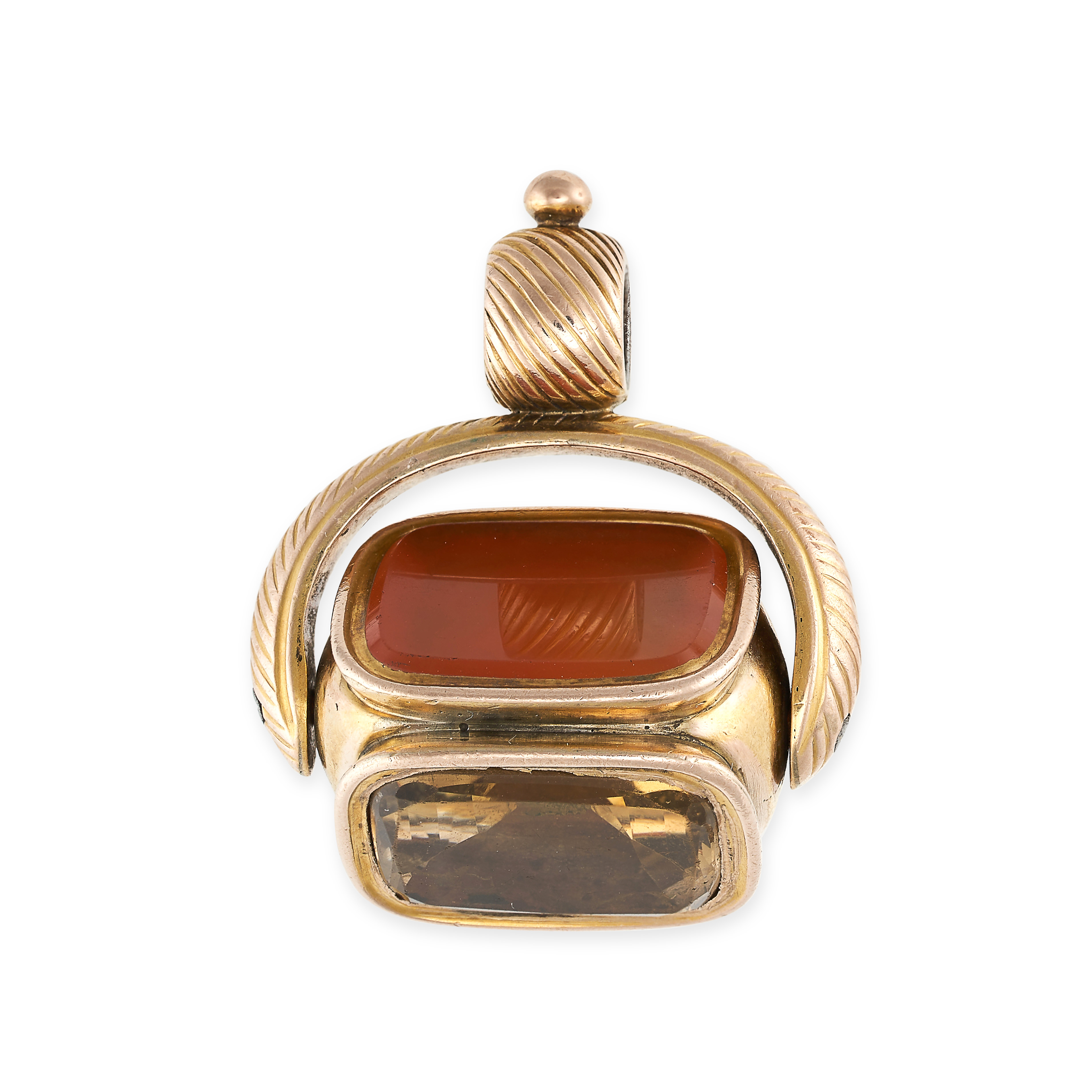 AN ANTIQUE CARNELIAN AND CITRINE FOB / PENDANT in yellow gold, the rotating swivel body set with ...
