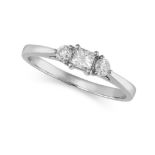 A DIAMOND THREE STONE RING in platinum, set with a princess cut diamond accented by two round bri...