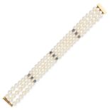A PEARL, SAPPHIRE AND DIAMOND BRACELET in 18ct yellow gold, comprising three rows of pearls, thre...