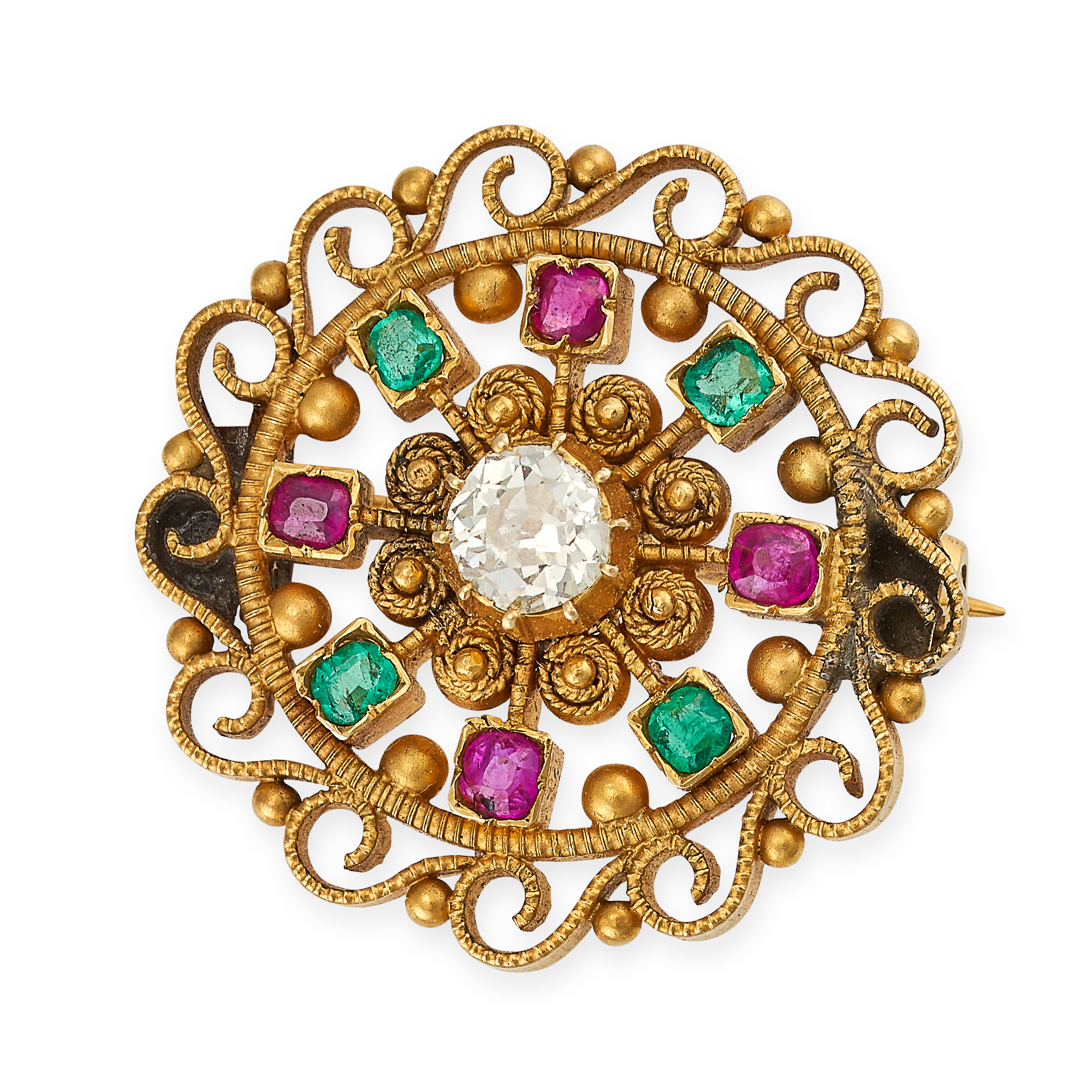 AN ANTIQUE DIAMOND, RUBY AND EMERALD BROOCH in yellow gold, the circular cannetille body set to t...