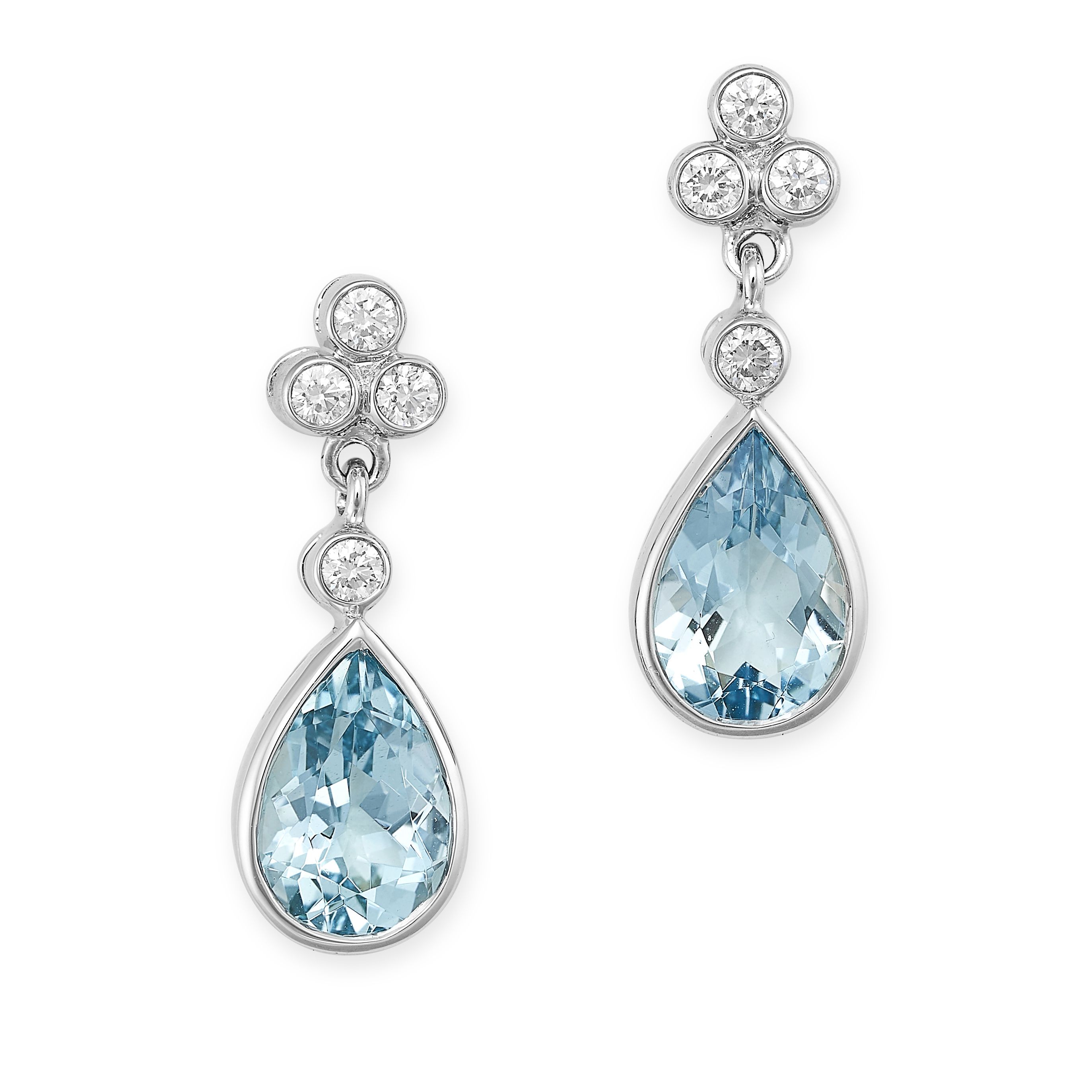 A PAIR OF AQUAMARINE AND DIAMOND DROP EARRINGS in 18ct white gold, each set with a trio of round ... - Image 2 of 2