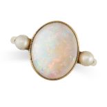 A VINTAGE OPAL AND PEARL RING in 18ct yellow gold, set with an oval cabochon opal accented by two...